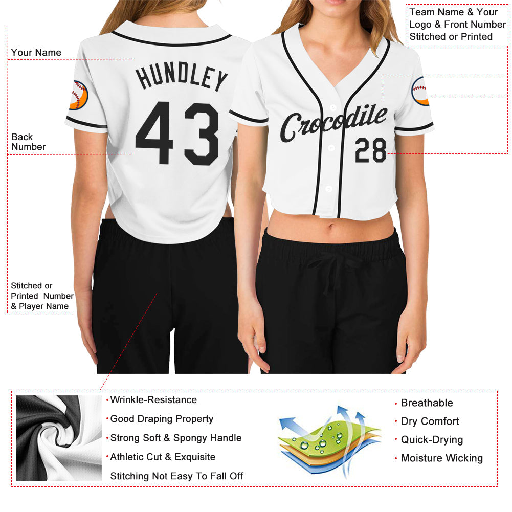 Custom Women's White Black V-Neck Cropped Baseball Jersey
