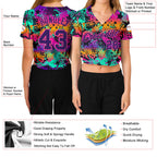 Custom Women's Graffiti Pattern Purple-Pink Bright Neon Colors 3D V-Neck Cropped Baseball Jersey