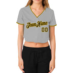 Custom Women's Gray Black-Gold V-Neck Cropped Baseball Jersey