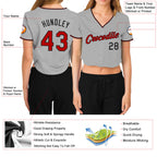 Custom Women's Gray Red-Black V-Neck Cropped Baseball Jersey