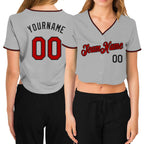 Custom Women's Gray Red-Black V-Neck Cropped Baseball Jersey