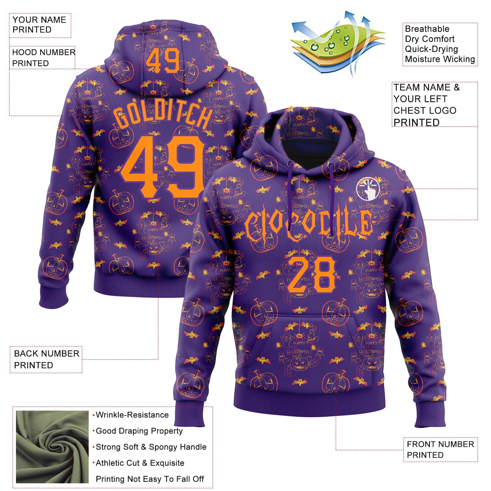 Custom Purple Bay Orange 3D Halloween Pumpkin Bat Doodle Party Costume Ideas Sports Pullover Sweatshirt Hoodie