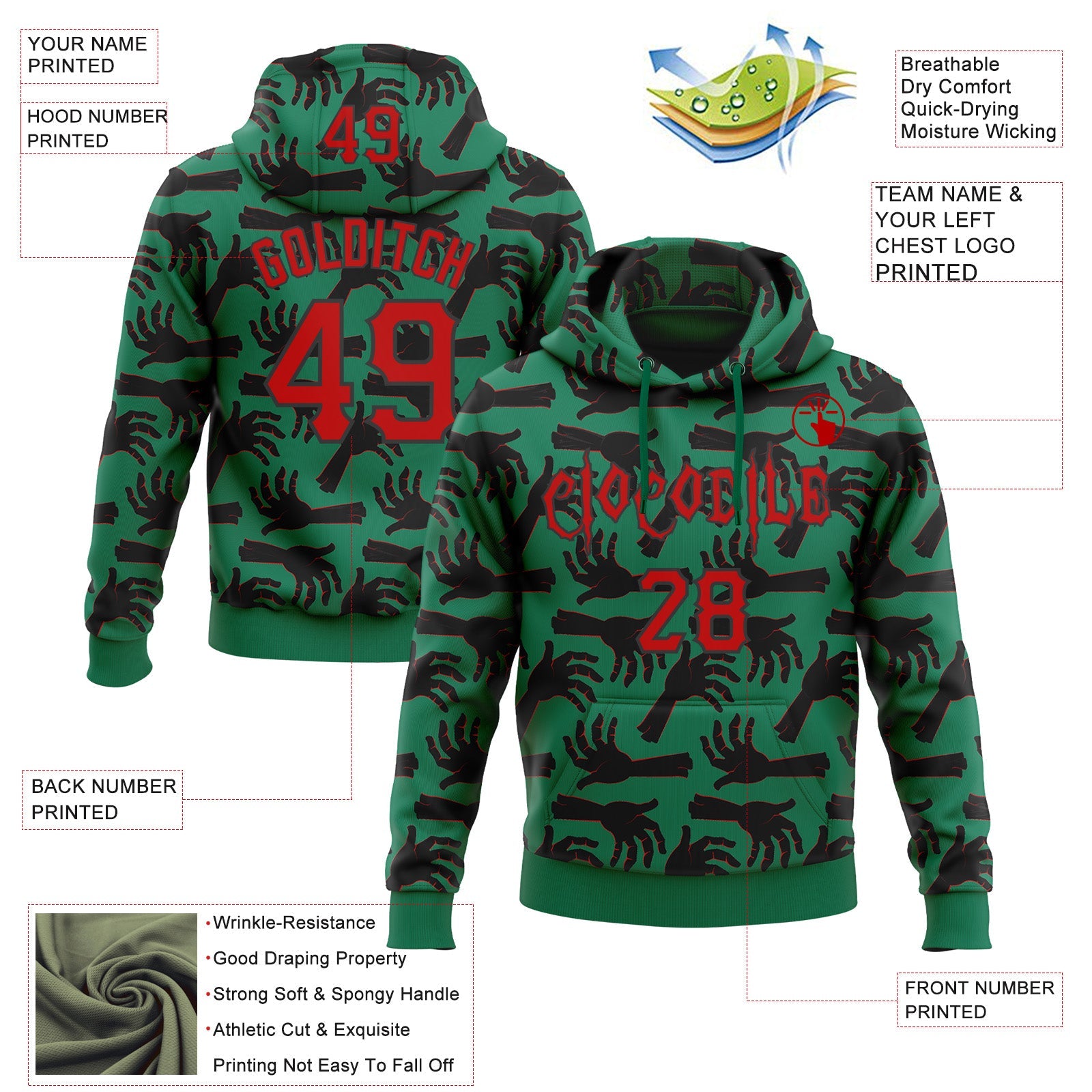 Custom Kelly Green Red-Black 3D Halloween Horror Night Trick Treat Party Costume Ideas Sports Pullover Sweatshirt Hoodie