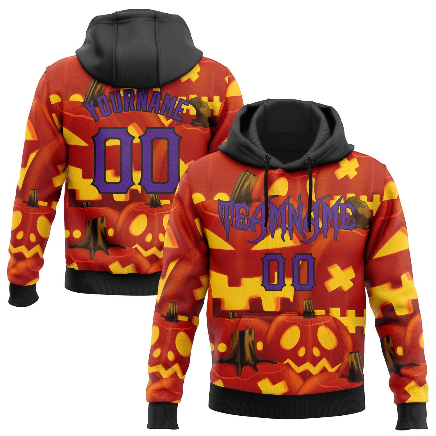 Custom Red Purple Yellow-Black 3D Halloween Pumpkin Party Costume Ideas Sports Pullover Sweatshirt Hoodie