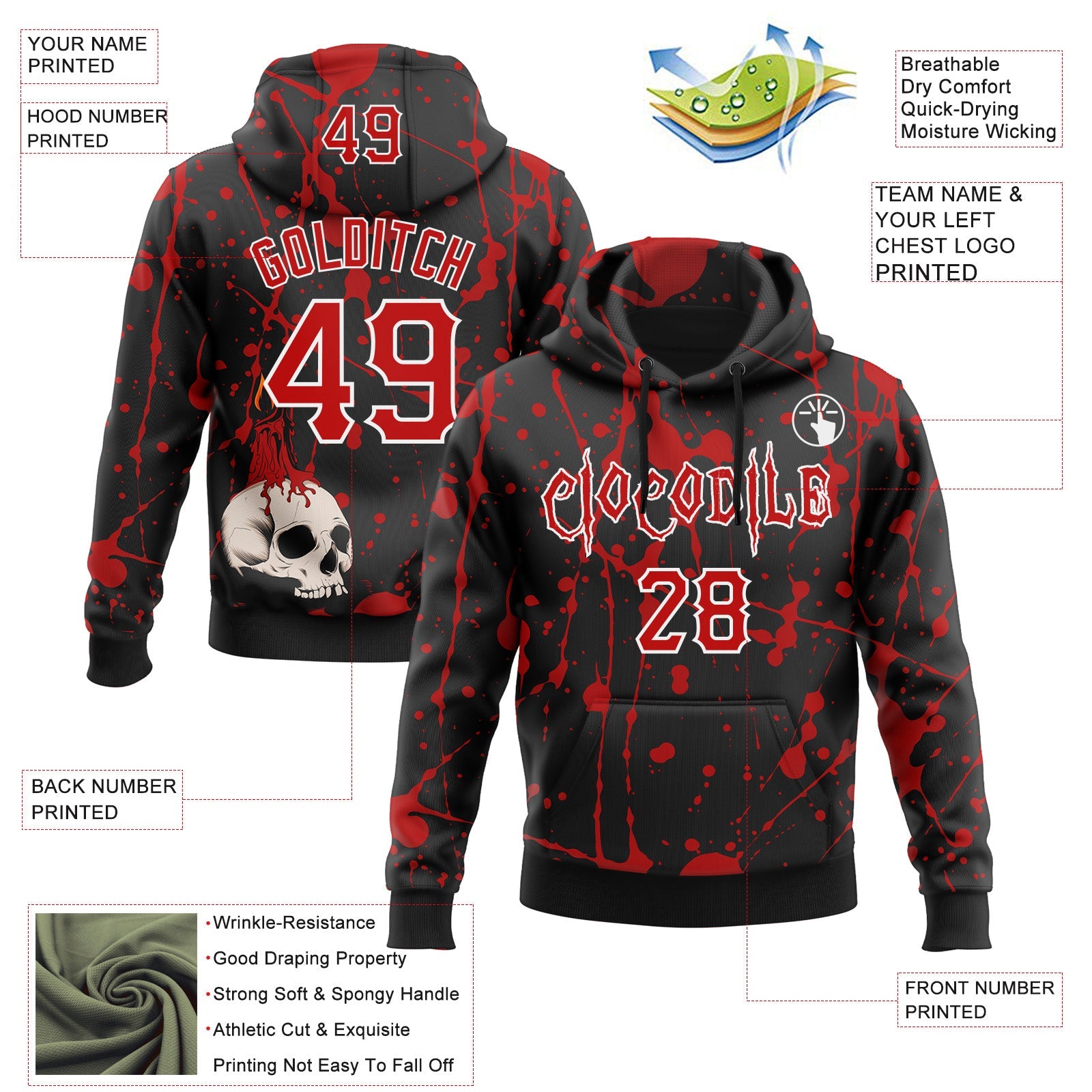 Custom Black Red-White 3D Halloween Skull Party Costume Ideas Sports Pullover Sweatshirt Hoodie
