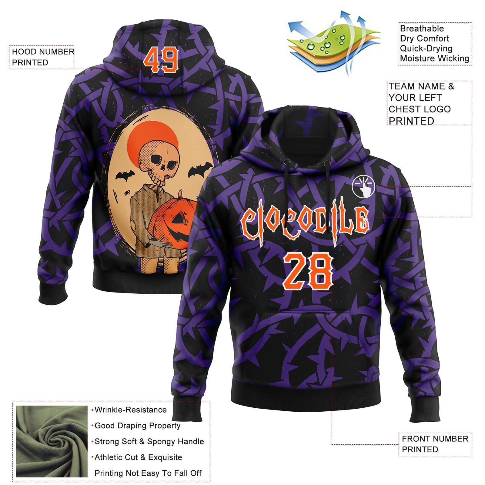 Custom Black Orange Purple-White 3D Halloween Skull Pumpkin Party Costume Ideas Sports Pullover Sweatshirt Hoodie