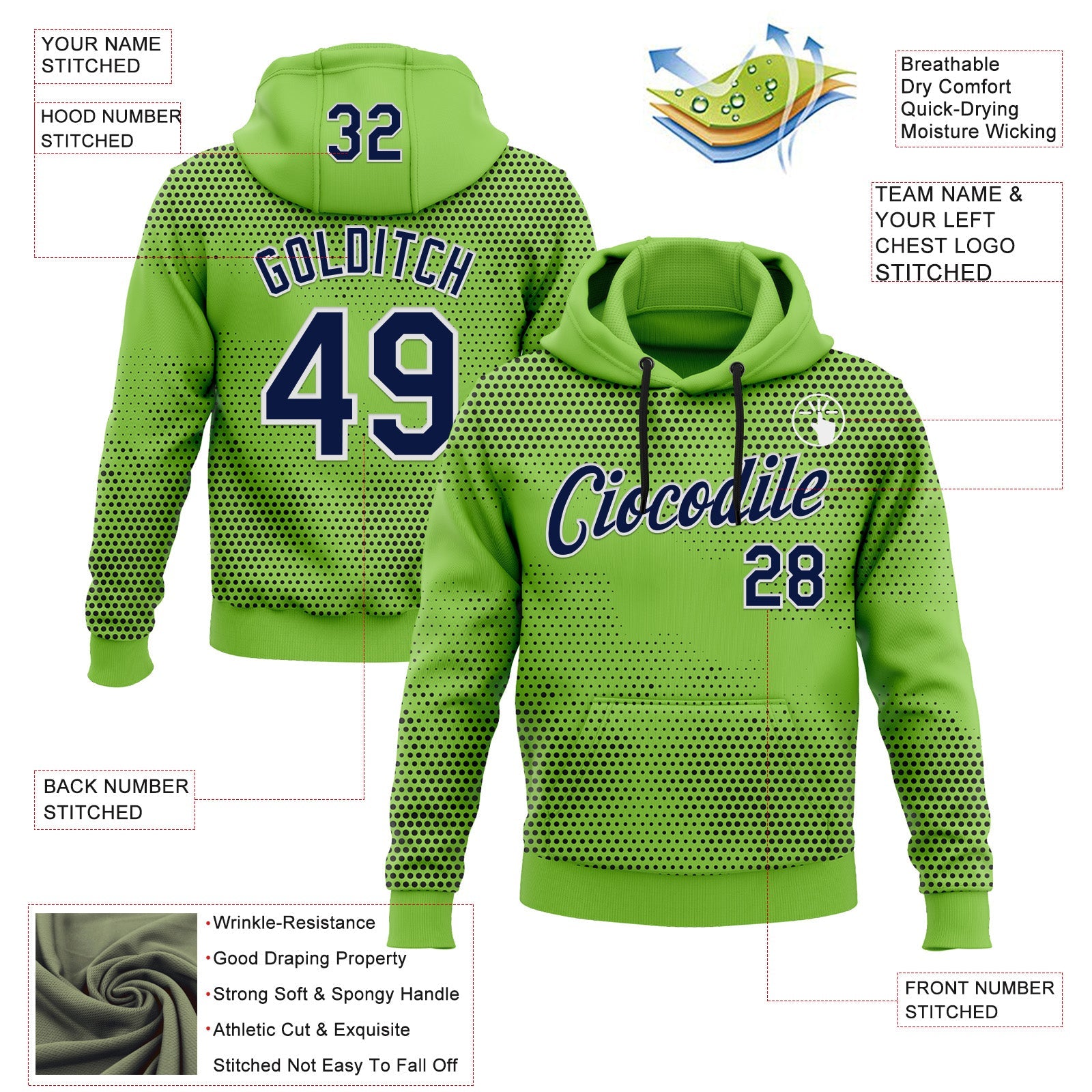 Custom Stitched Neon Green Navy-White 3D Pattern Design Sportswear Pullover Sweatshirt Hoodie