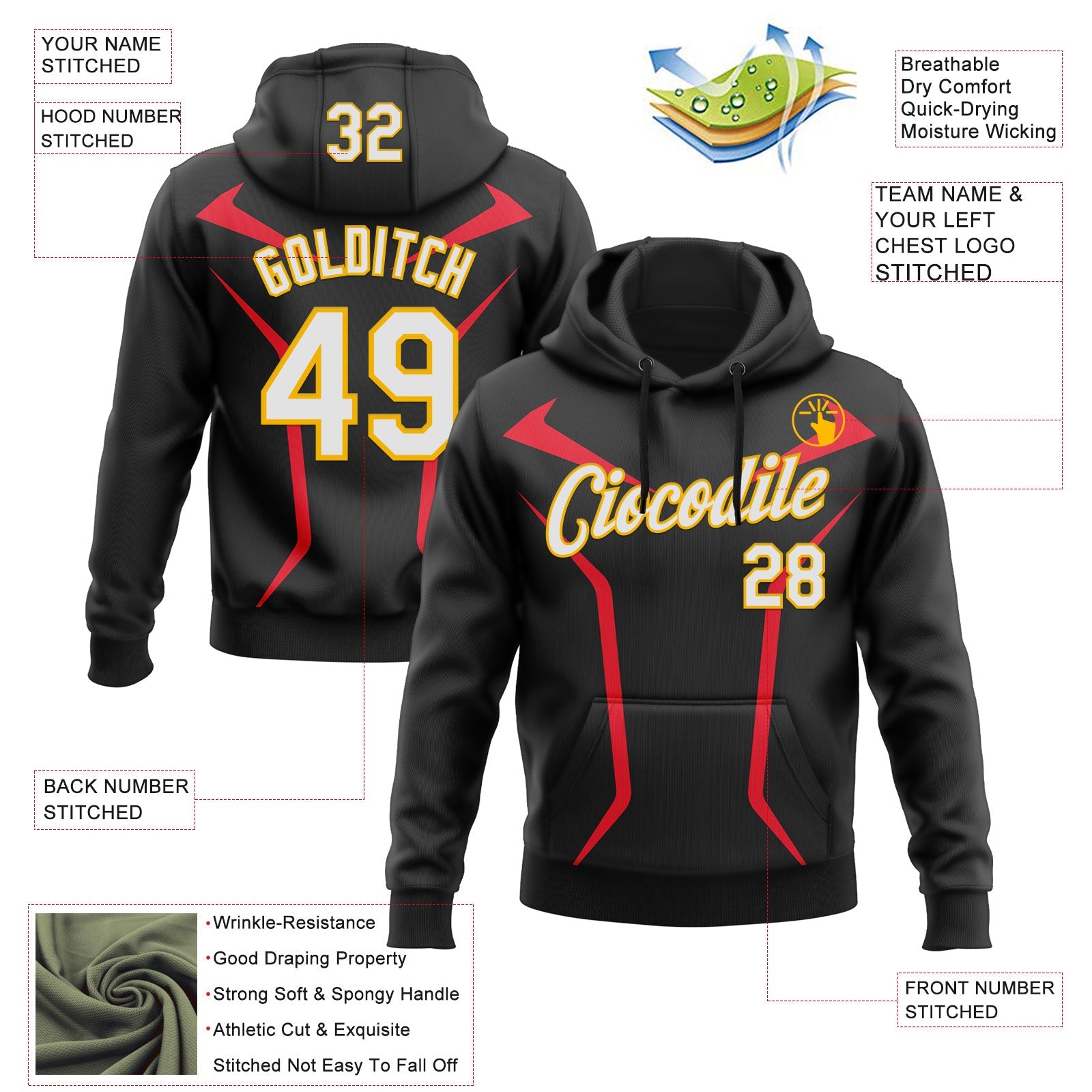 Custom Stitched Black White Red-Gold 3D Pattern Design Sportswear Pullover Sweatshirt Hoodie