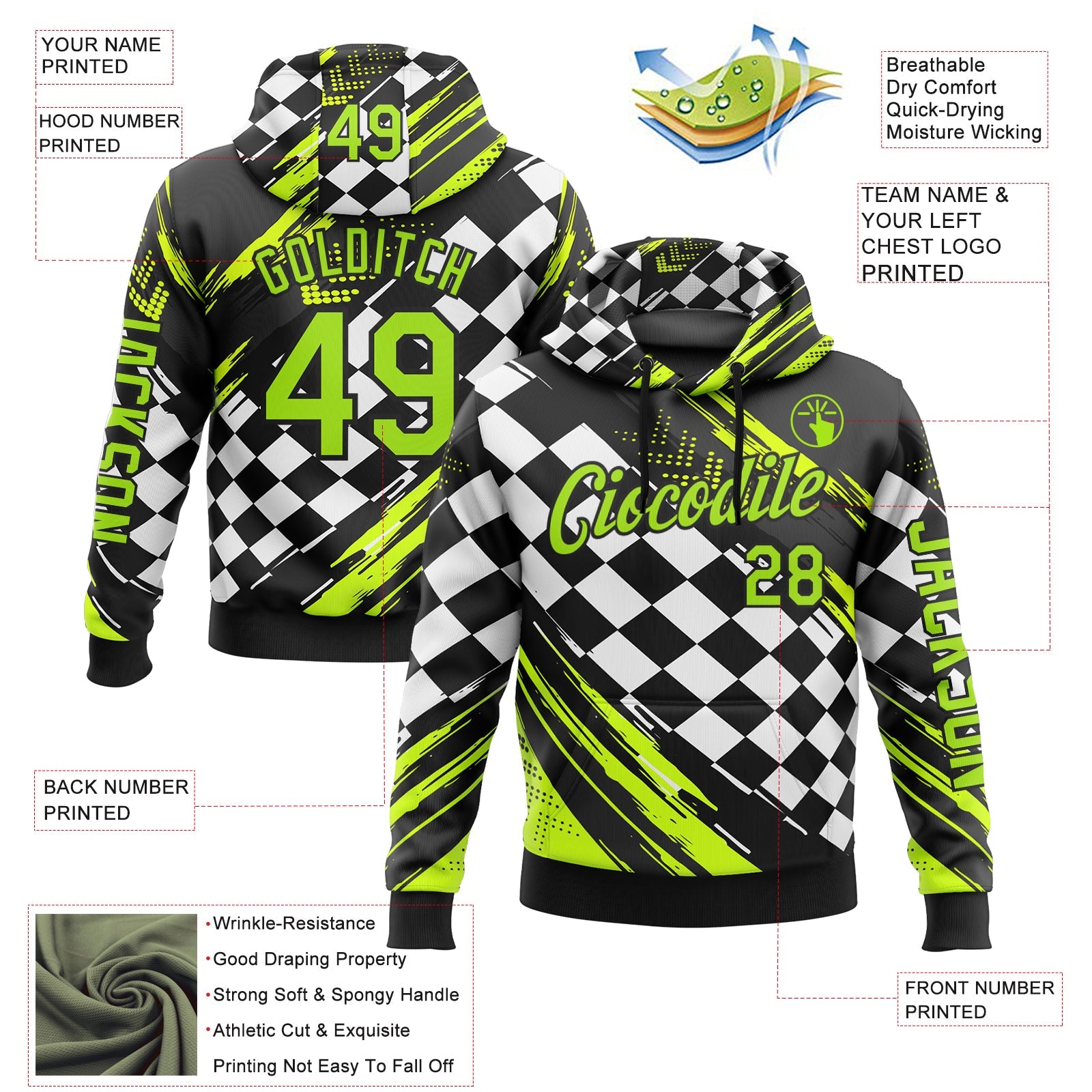 Custom Black Neon Green-White 3D Pattern Design Formula Auto Car Racing Motorsport Sports Pullover Sweatshirt Hoodie