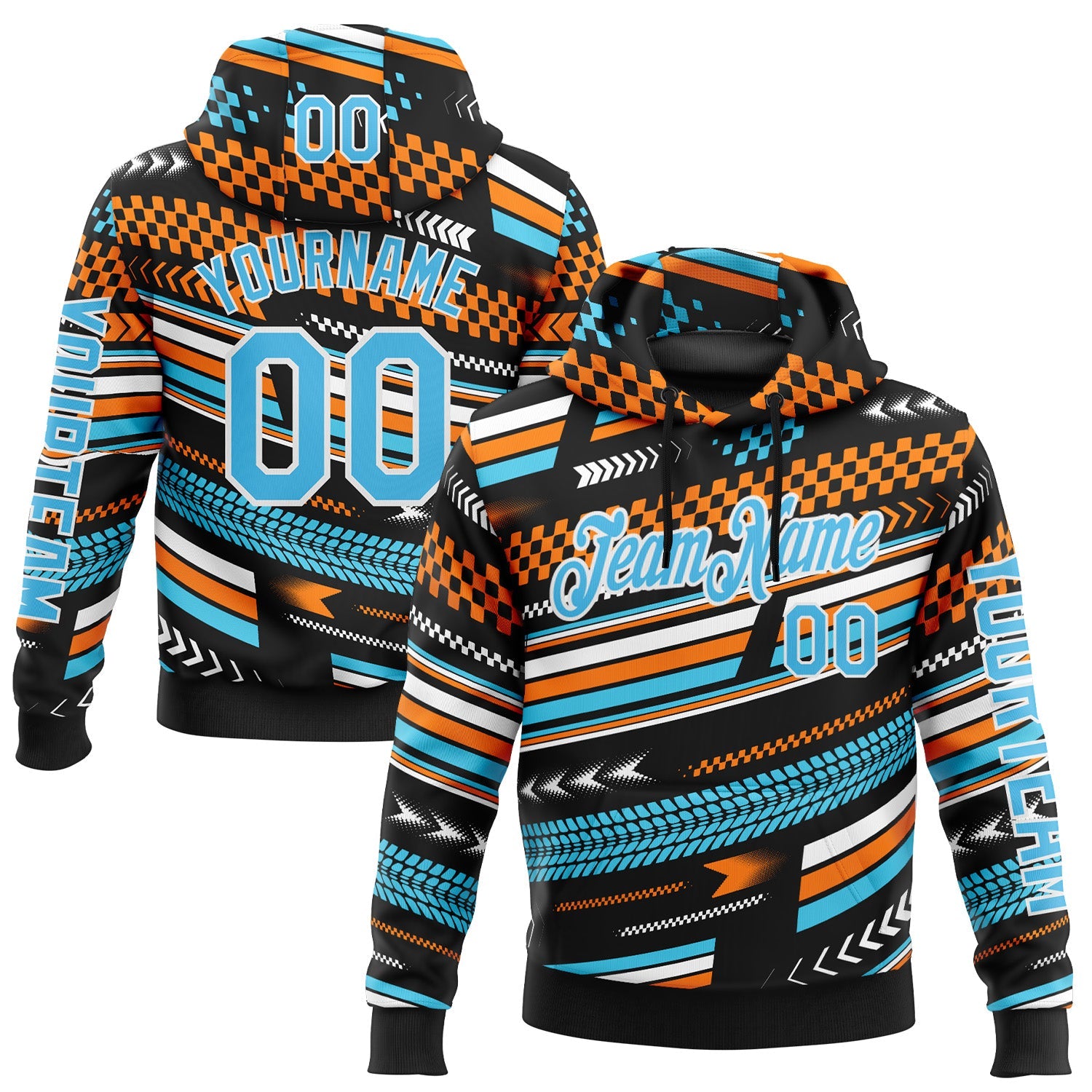 Custom Black Sky Blue Orange-White 3D Pattern Design Formula Auto Car Racing Motorsport Sports Pullover Sweatshirt Hoodie
