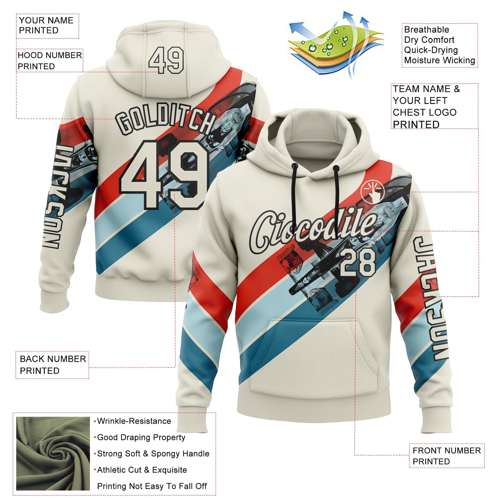 Custom Cream Red Blue-Black 3D Pattern Design Formula Auto Car Racing Motorsport Sports Pullover Sweatshirt Hoodie