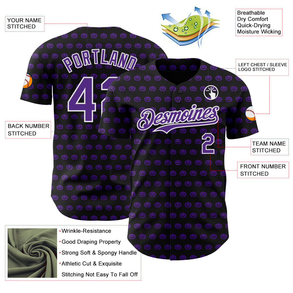 Custom Black Purple-White 3D Halloween Pumpkin Party Costume Ideas Authentic Baseball Jersey