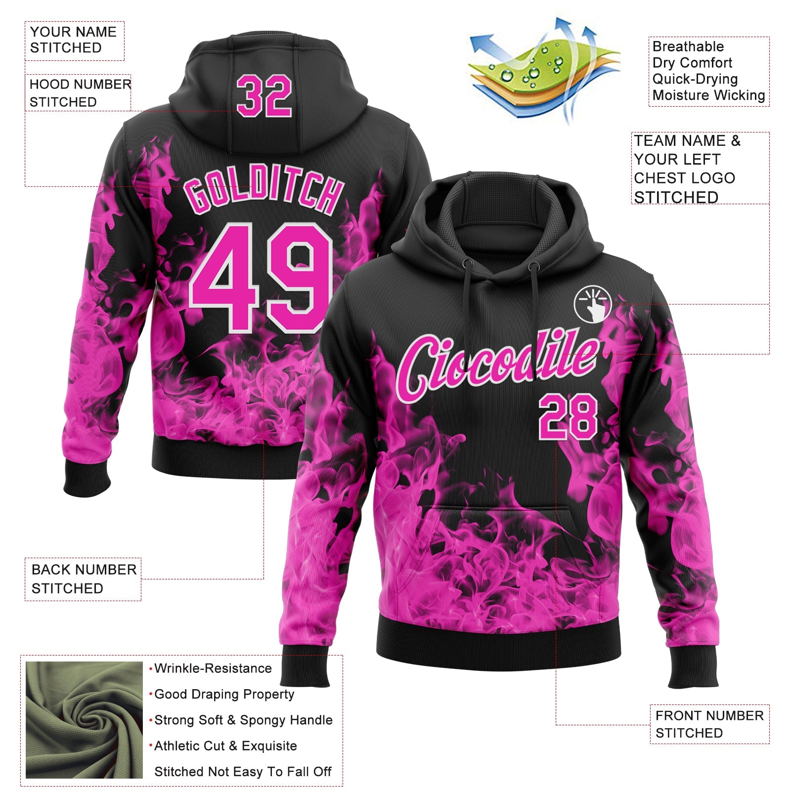 Custom Stitched Black Deep Pink-White 3D Pattern Design Flame Sports Pullover Sweatshirt Hoodie