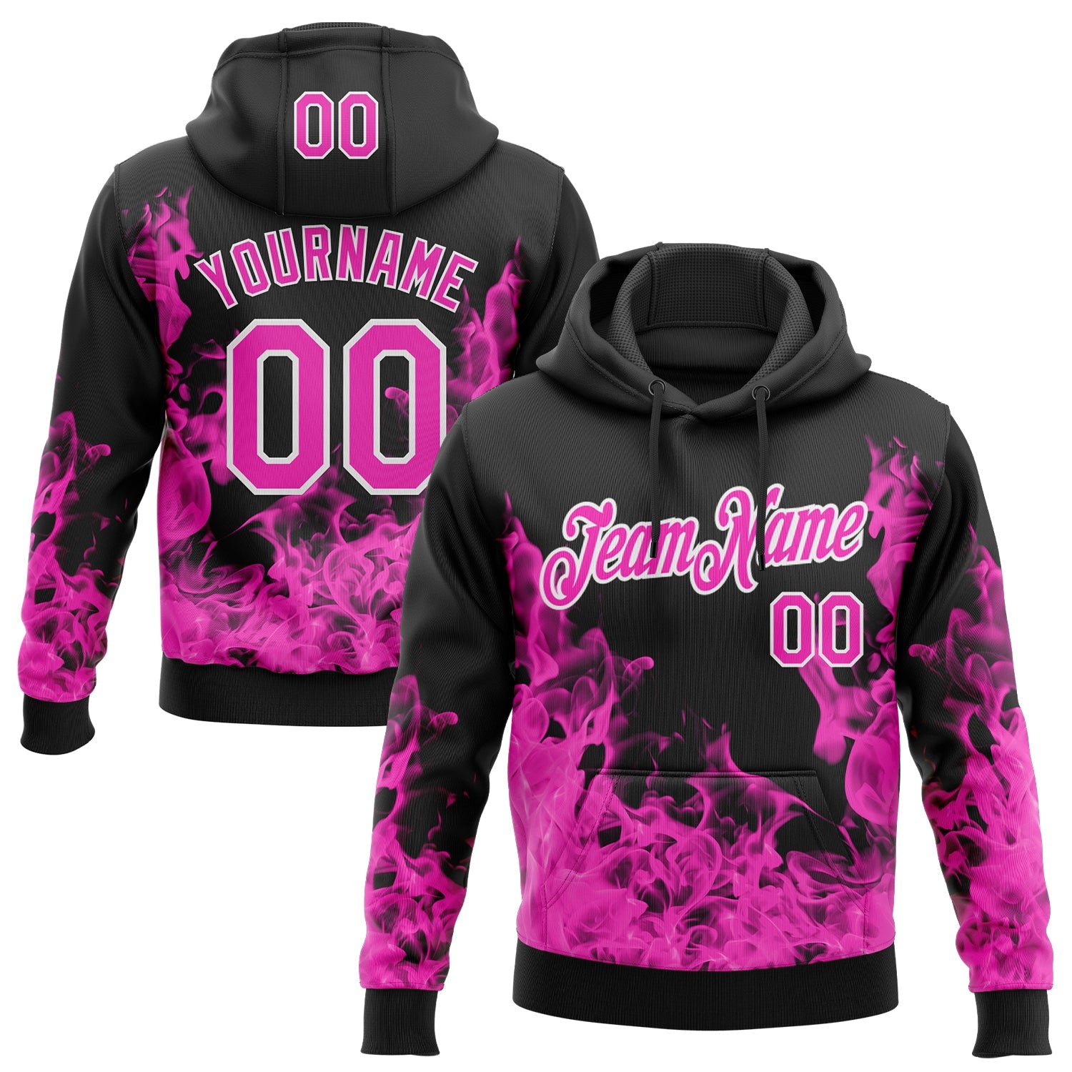 Custom Stitched Black Deep Pink-White 3D Pattern Design Flame Sports Pullover Sweatshirt Hoodie