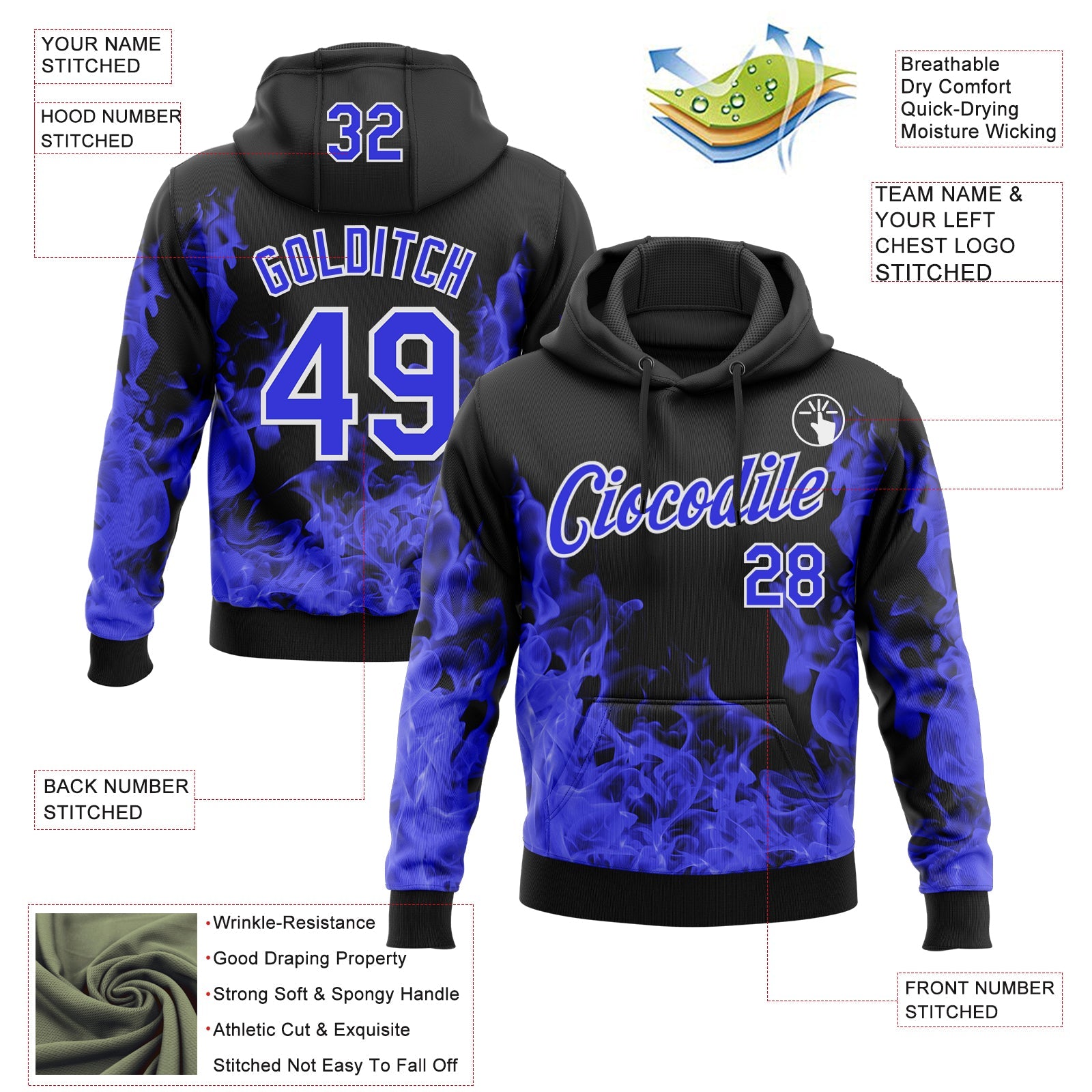 Custom Stitched Black Thunder Blue-White 3D Pattern Design Flame Sports Pullover Sweatshirt Hoodie