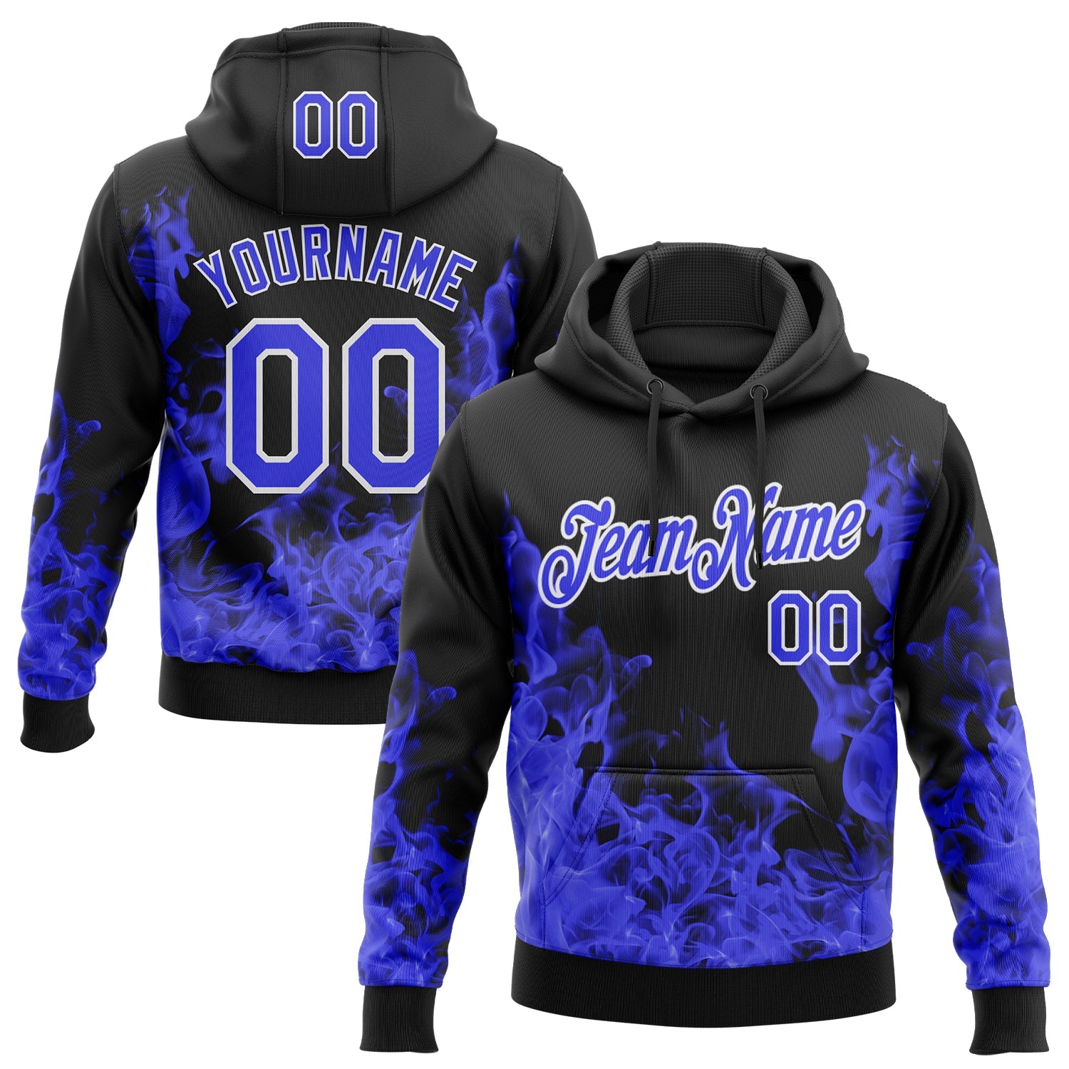 Custom Stitched Black Thunder Blue-White 3D Pattern Design Flame Sports Pullover Sweatshirt Hoodie