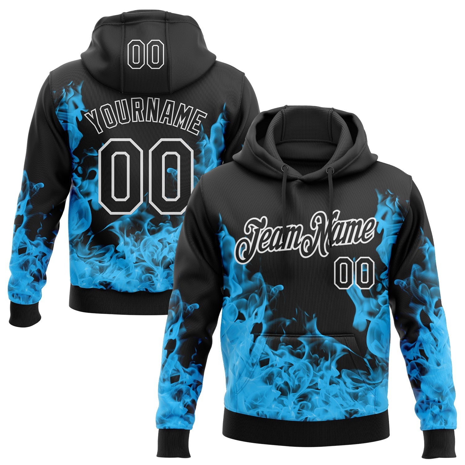 Custom Stitched Black Blue-White 3D Pattern Design Flame Sports Pullover Sweatshirt Hoodie