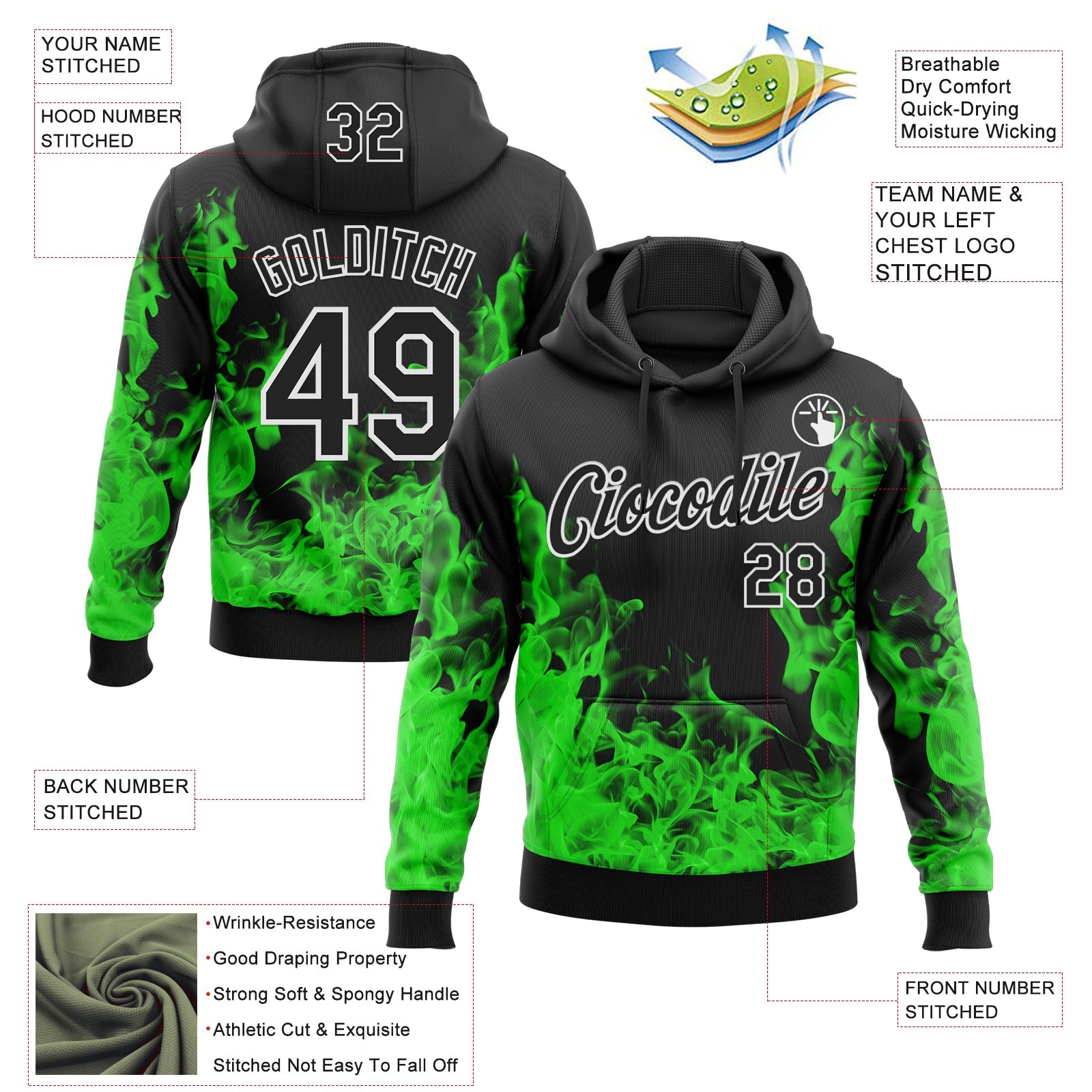 Custom Stitched Black Green-White 3D Pattern Design Flame Sports Pullover Sweatshirt Hoodie