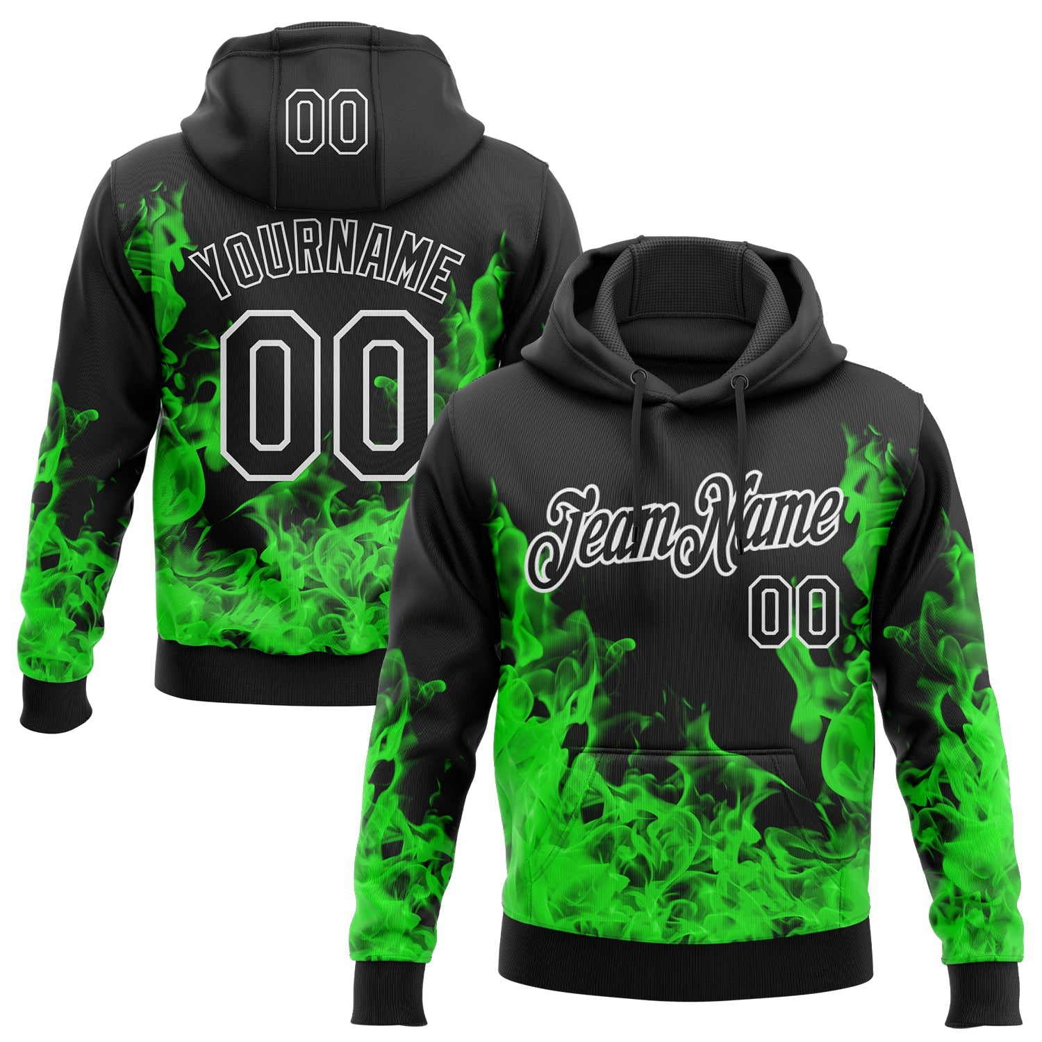 Custom Stitched Black Green-White 3D Pattern Design Flame Sports Pullover Sweatshirt Hoodie