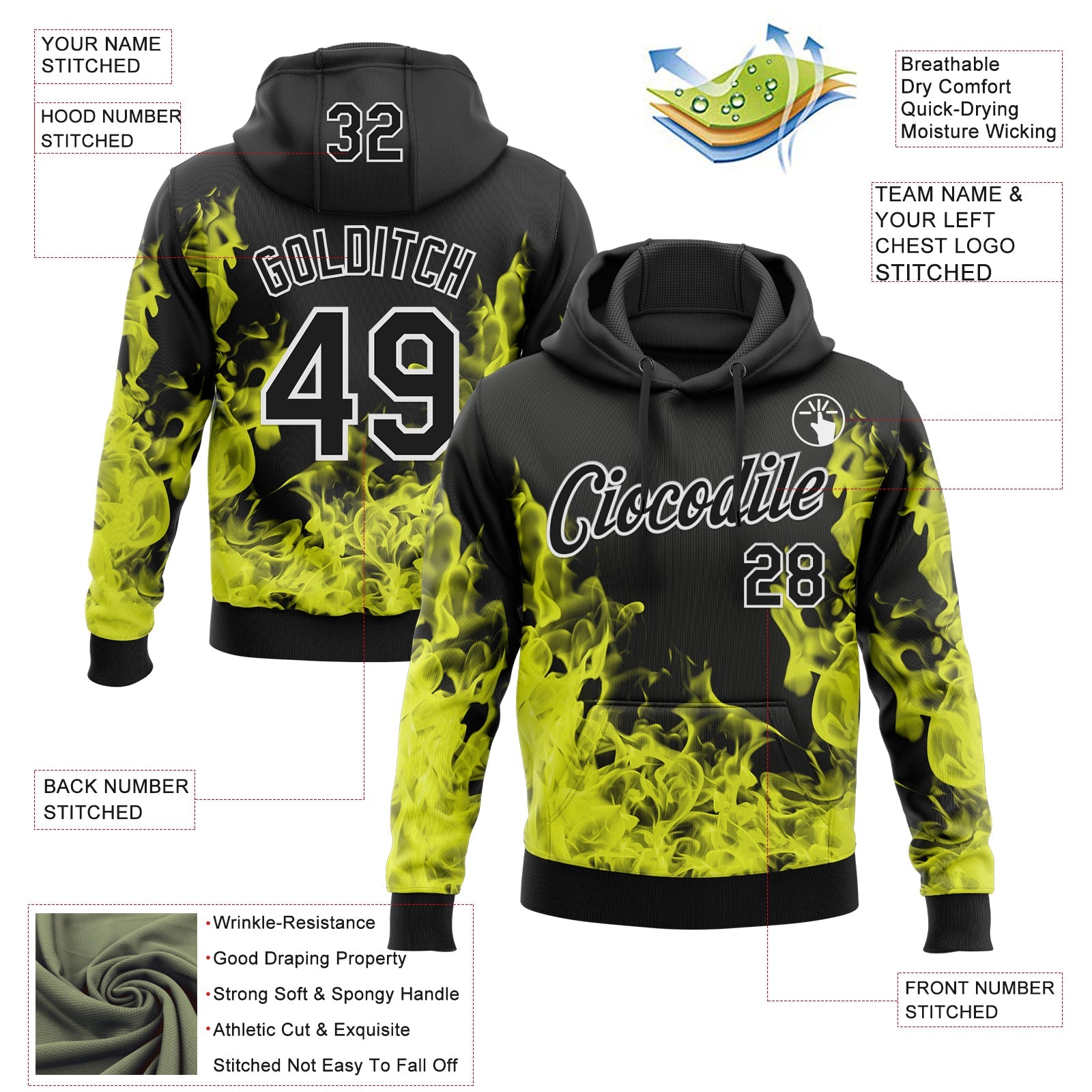 Custom Stitched Black Yellow-White 3D Pattern Design Flame Sports Pullover Sweatshirt Hoodie