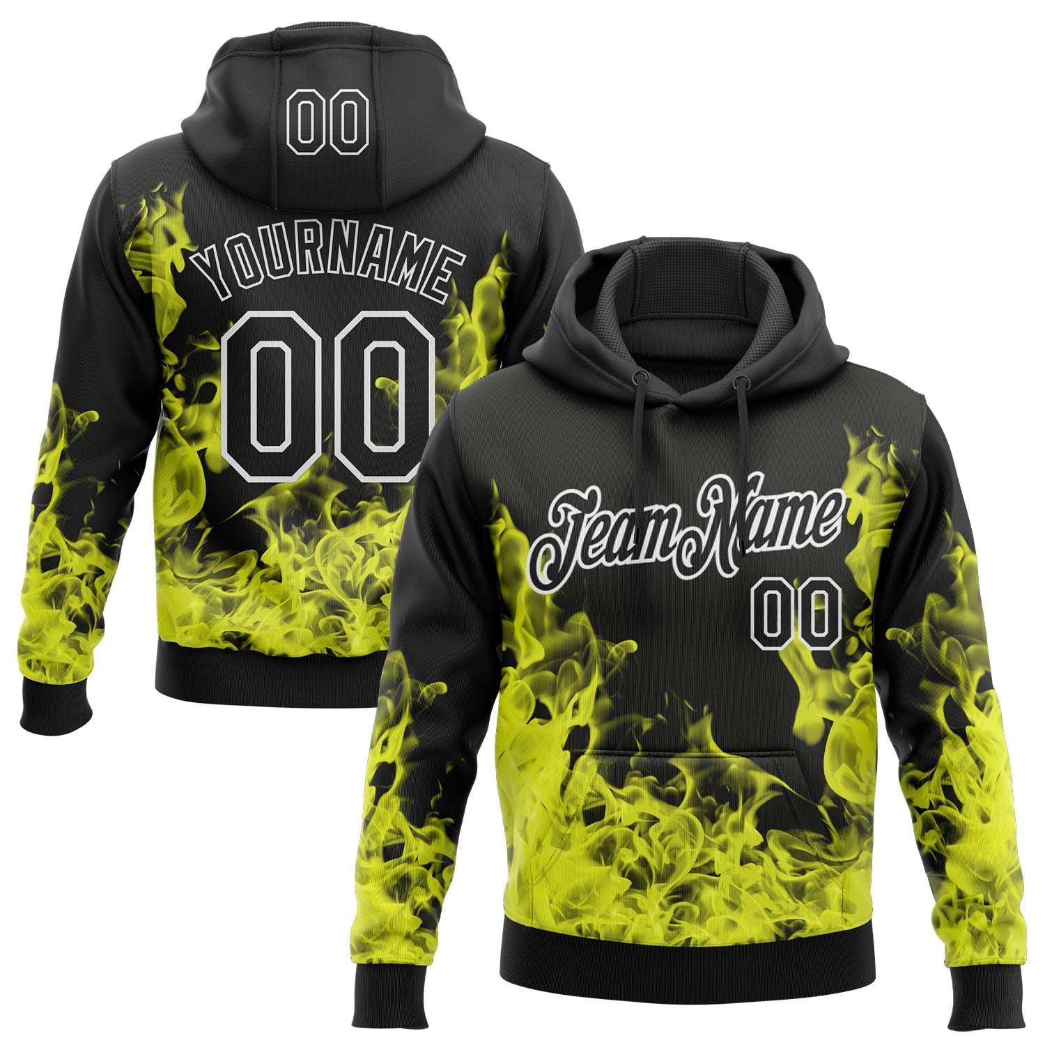 Custom Stitched Black Yellow-White 3D Pattern Design Flame Sports Pullover Sweatshirt Hoodie