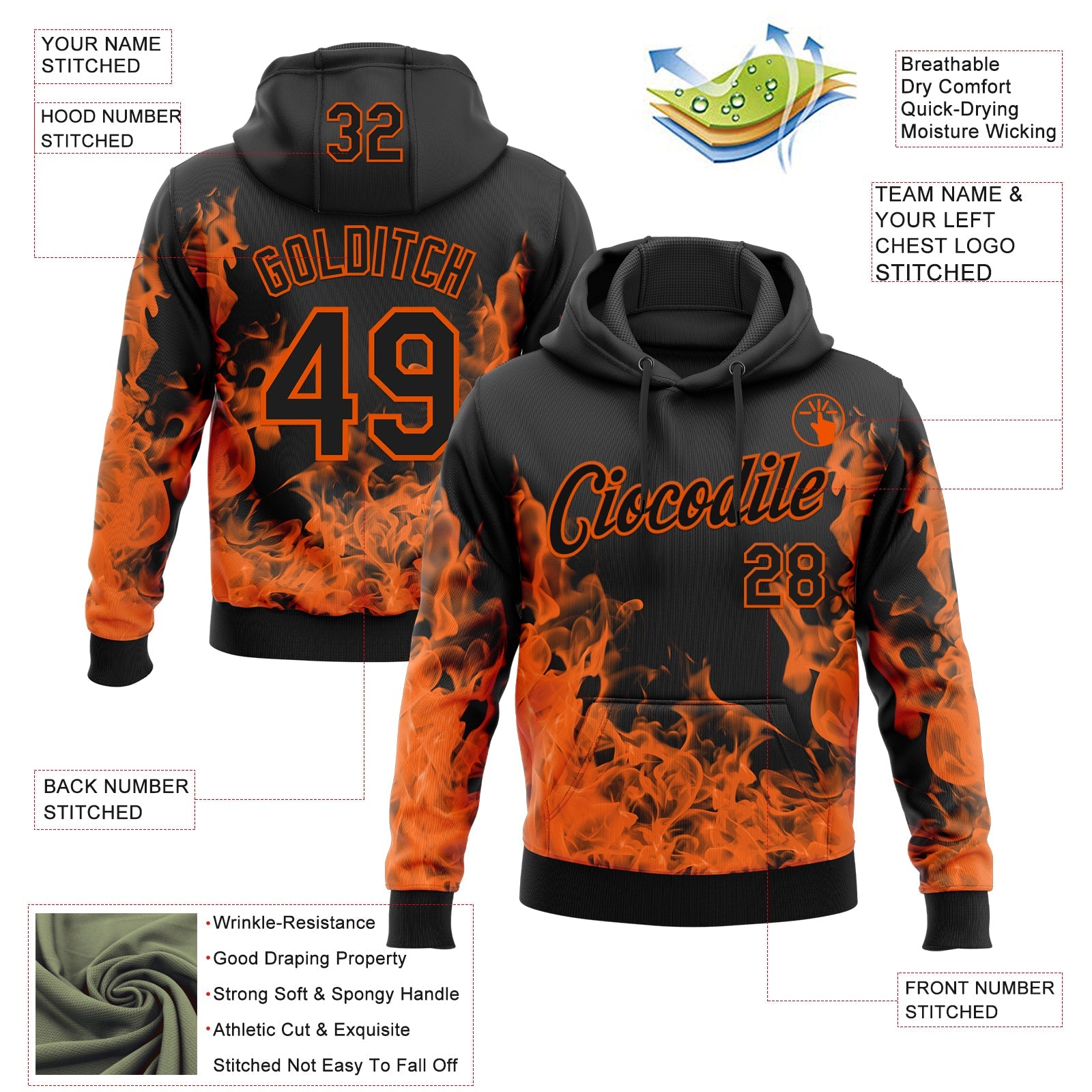 Custom Stitched Black Orange 3D Pattern Design Flame Sports Pullover Sweatshirt Hoodie