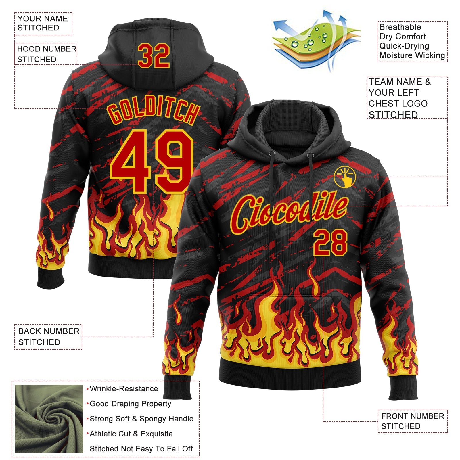 Custom Stitched Black Red-Yellow 3D Pattern Design Flame Sports Pullover Sweatshirt Hoodie