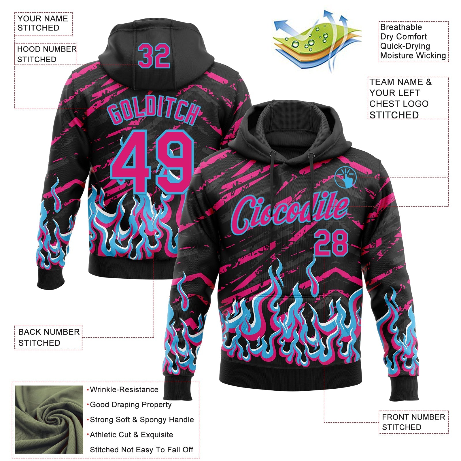 Custom Stitched Black Hot Pink-Sky Blue 3D Pattern Design Flame Sports Pullover Sweatshirt Hoodie