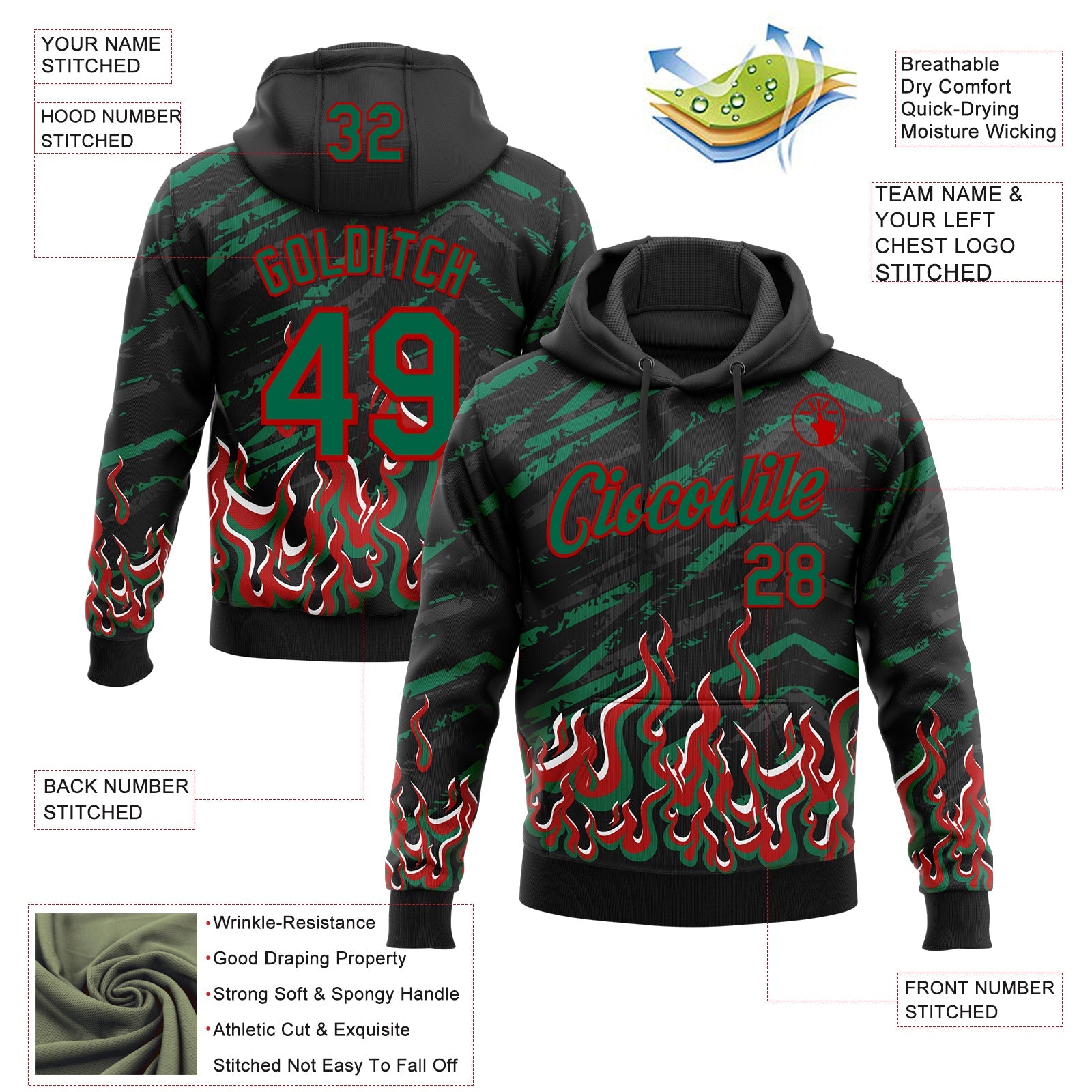 Custom Stitched Black Kelly Green Red-White 3D Pattern Design Flame Sports Pullover Sweatshirt Hoodie