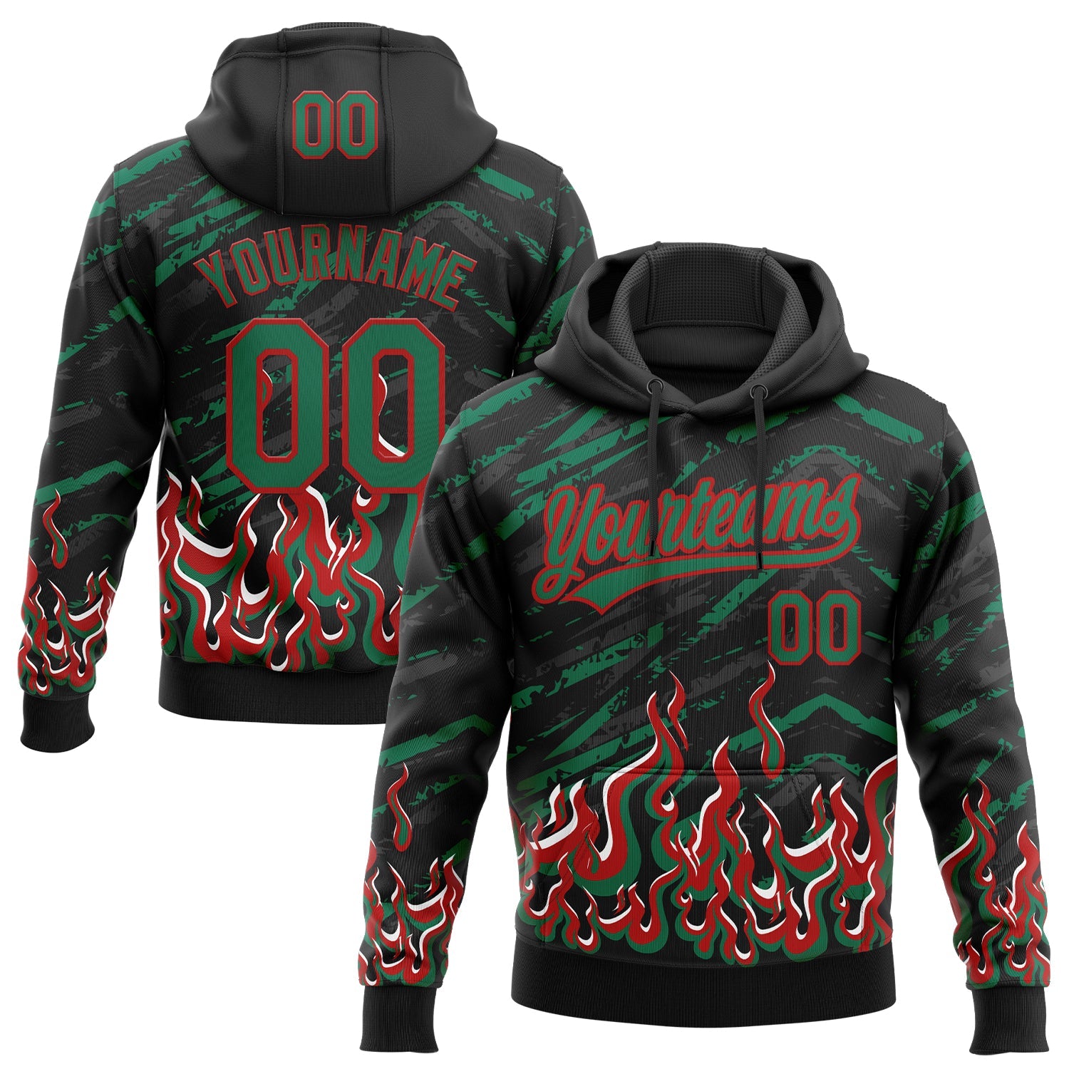 Custom Stitched Black Kelly Green Red-White 3D Pattern Design Flame Sports Pullover Sweatshirt Hoodie