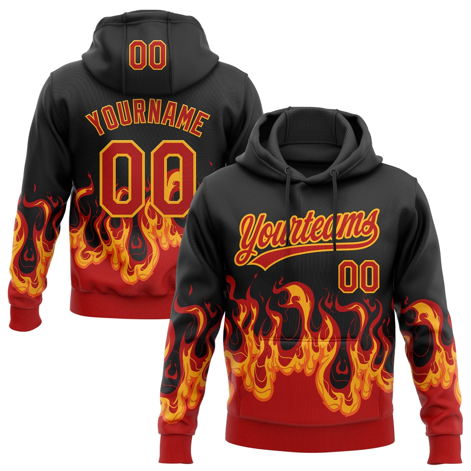 Custom Stitched Black Red-Yellow 3D Pattern Design Flame Sports Pullover Sweatshirt Hoodie