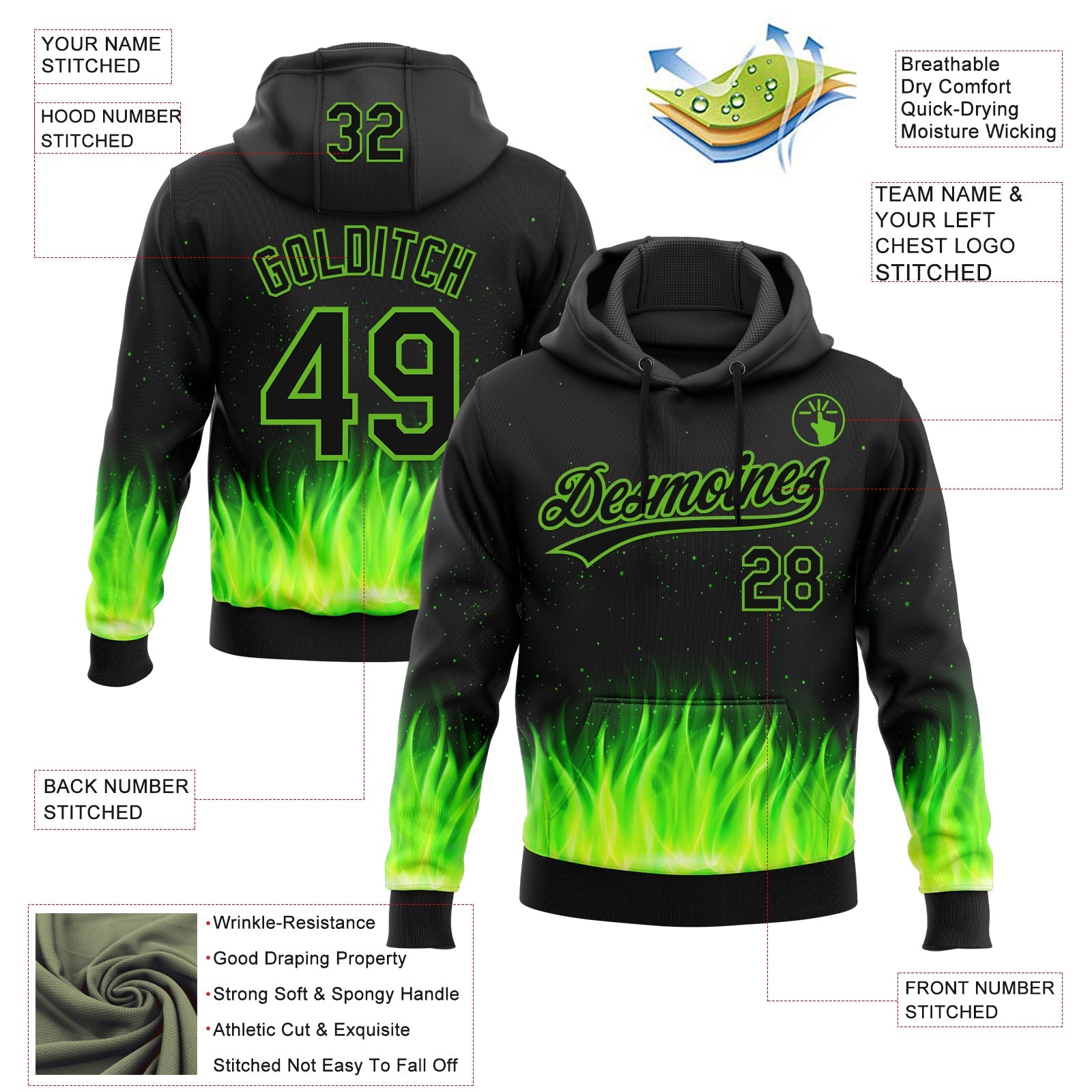 Custom Stitched Black Neon Green 3D Pattern Design Flame Sports Pullover Sweatshirt Hoodie