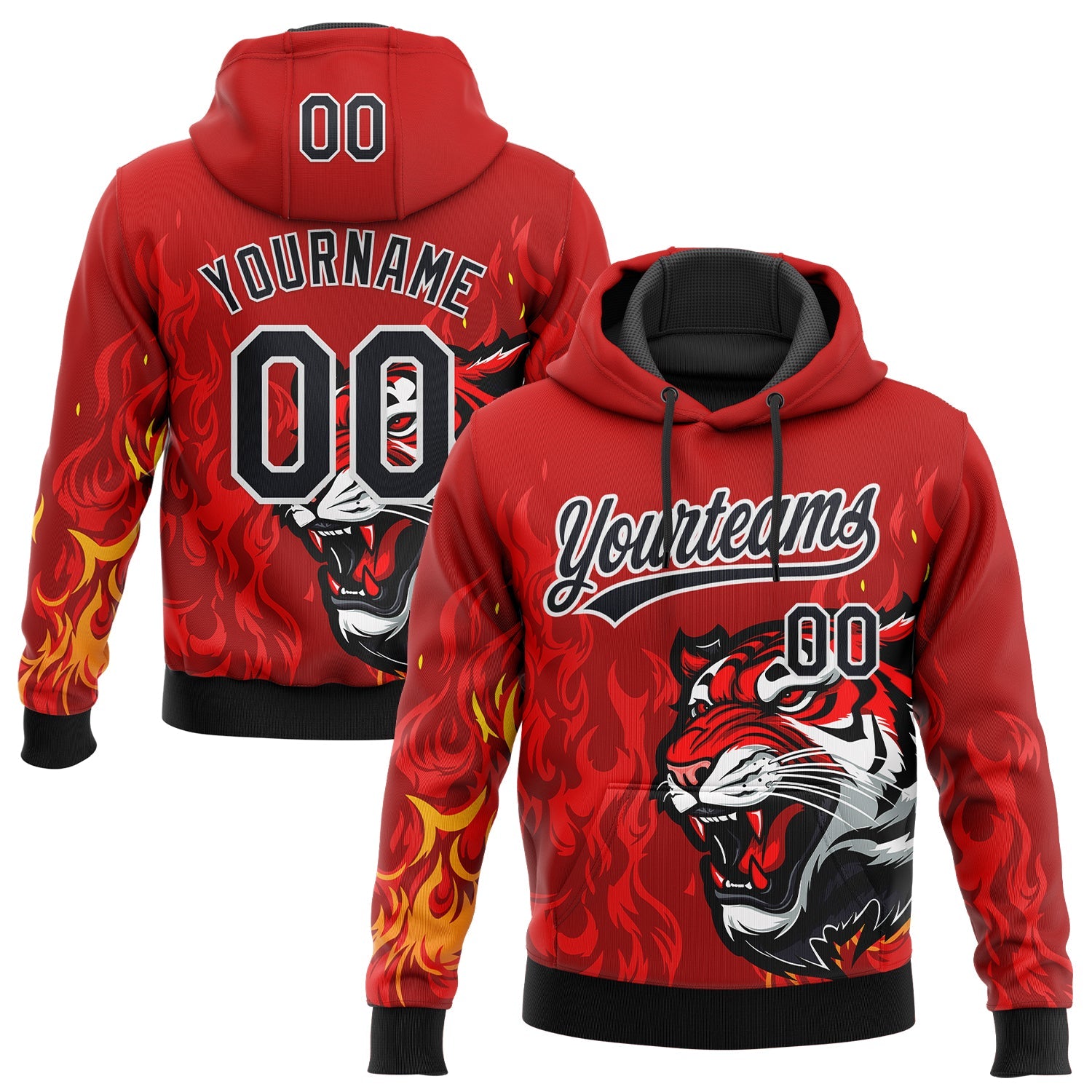 Custom Stitched Red Black Yellow-White 3D Pattern Design Flame Tiger Sports Pullover Sweatshirt Hoodie