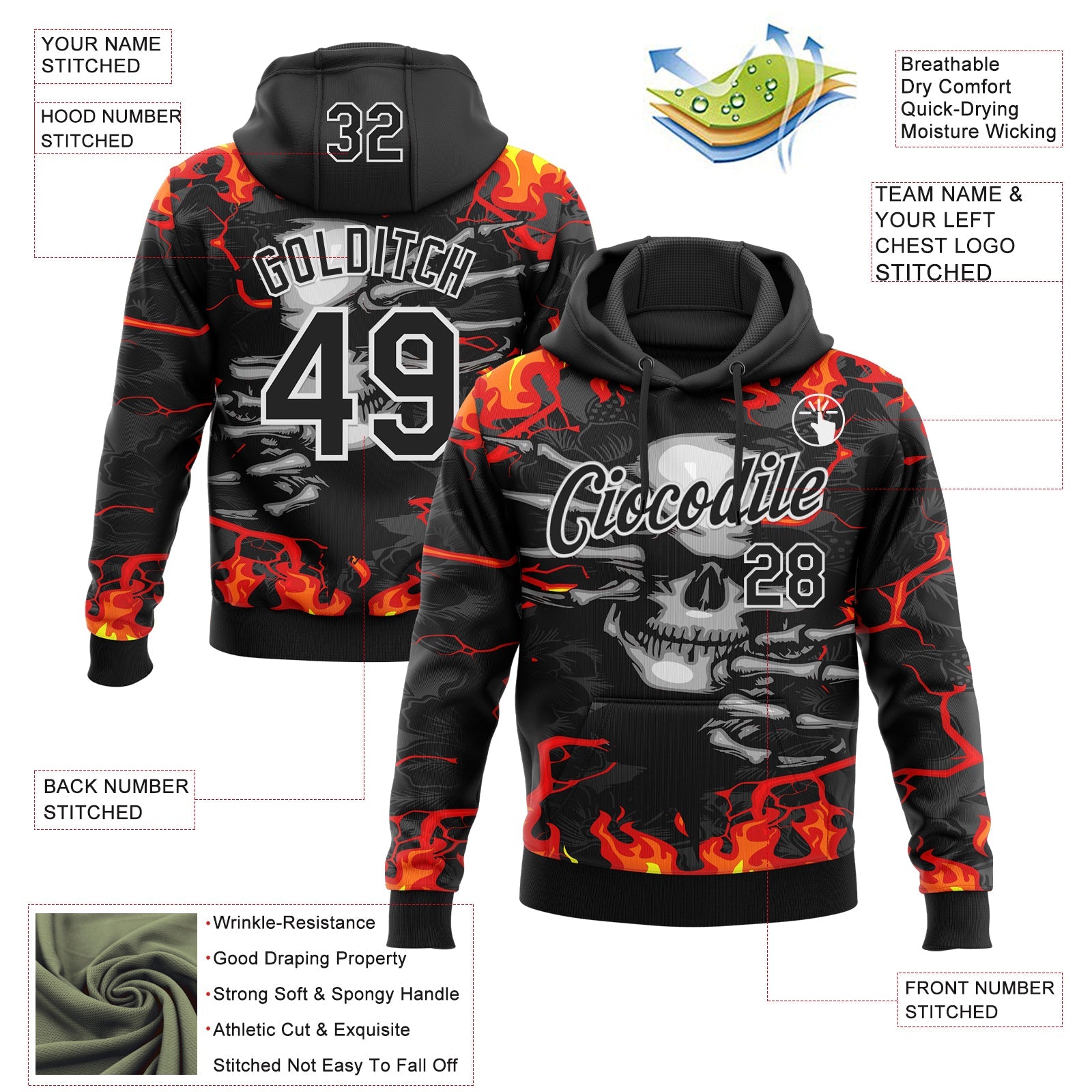 Custom Stitched Black Red Yellow-White 3D Pattern Design Flame Skull Sports Pullover Sweatshirt Hoodie