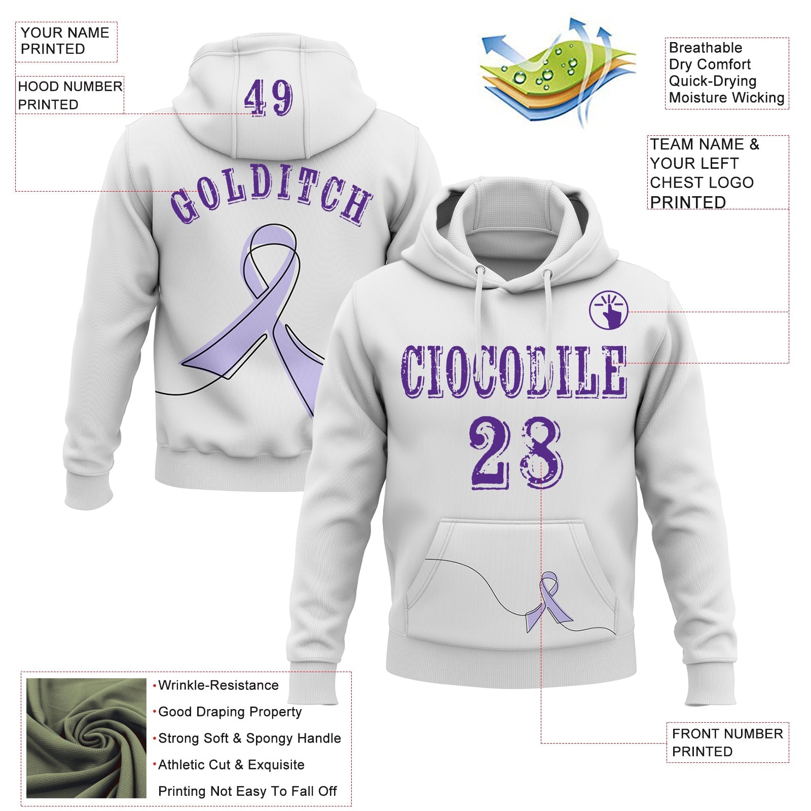 Custom White Purple 3D Gastric Cancer World Cancer Day Ribbon Support Sports Pullover Sweatshirt Hoodie