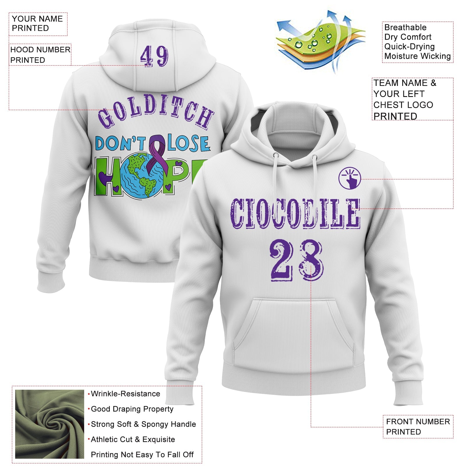 Custom White Purple 3D Pancreatic Cancer World Cancer Day Ribbon Support Sports Pullover Sweatshirt Hoodie