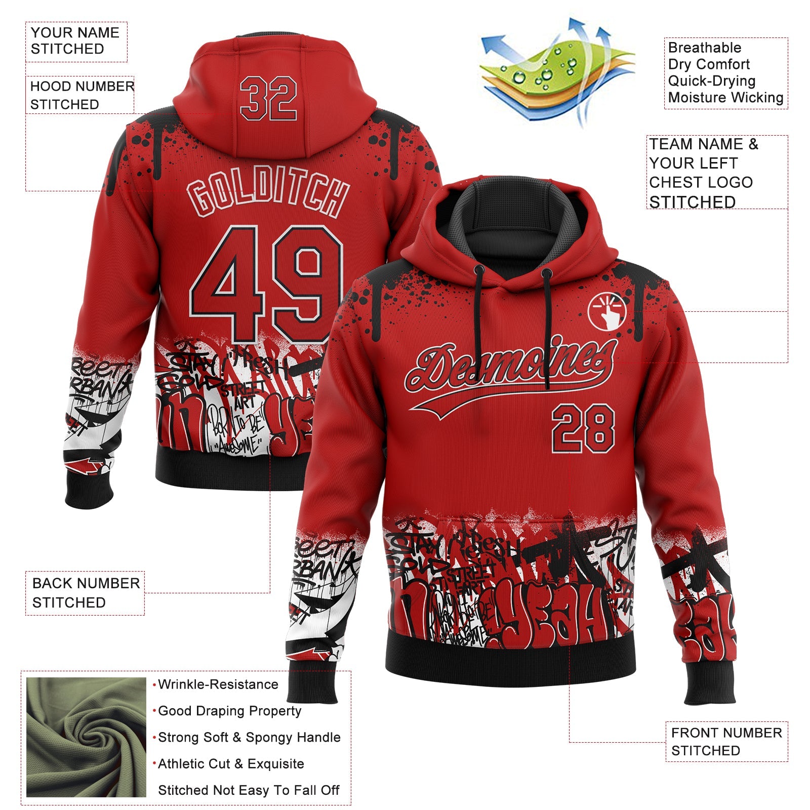 Custom Stitched Red Black-White 3D Graffiti Splash Street Art Sports Pullover Sweatshirt Hoodie