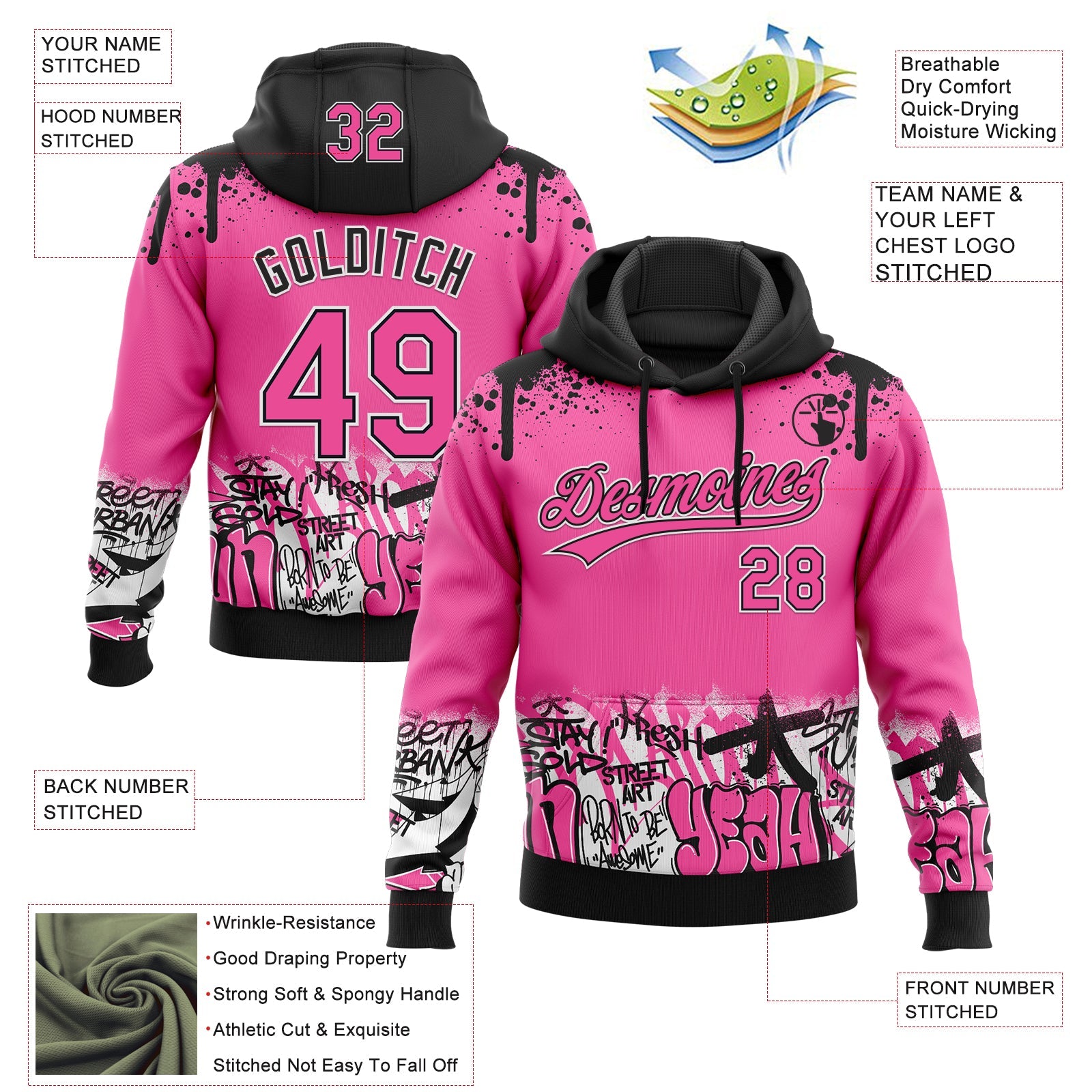 Custom Stitched Pink Black-White 3D Graffiti Splash Street Art Sports Pullover Sweatshirt Hoodie