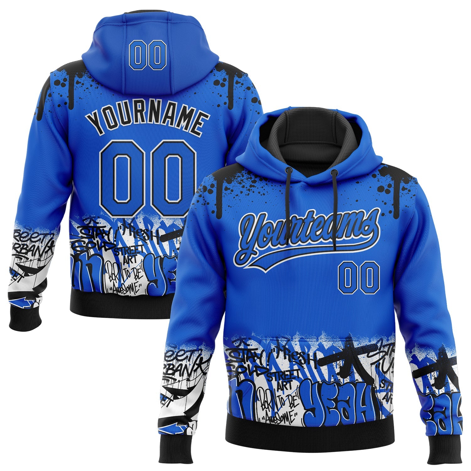 Custom Stitched Thunder Blue Black-White 3D Graffiti Splash Street Art Sports Pullover Sweatshirt Hoodie