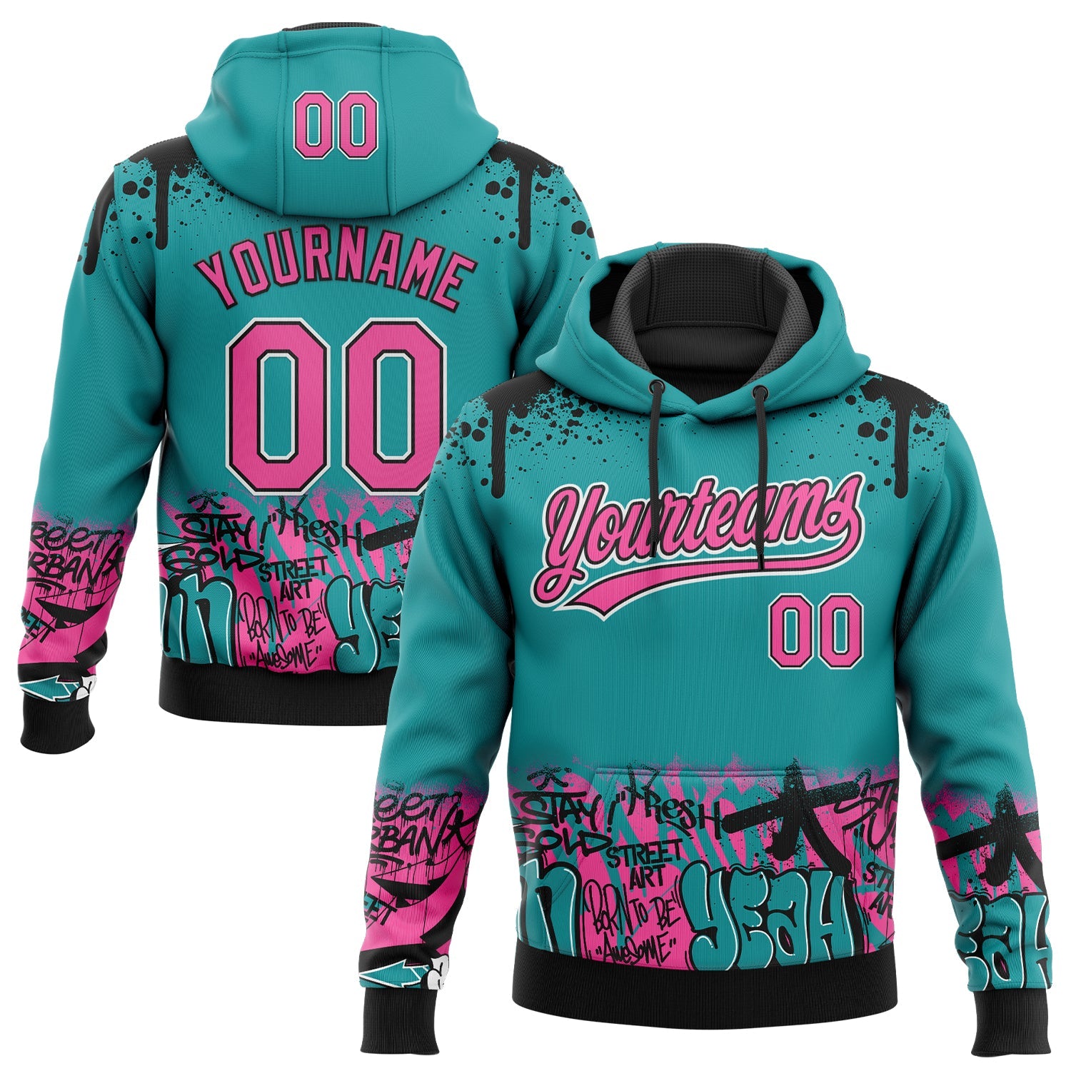 Custom Stitched Teal Pink Black-White 3D Graffiti Splash Street Art Sports Pullover Sweatshirt Hoodie