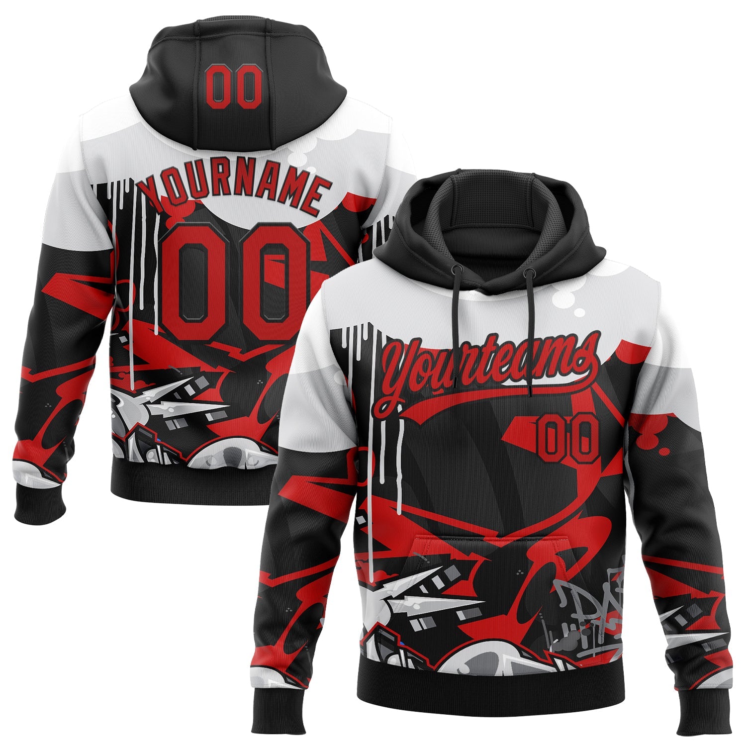Custom Stitched Black Red Gray-White 3D Graffiti Splash Street Art Sports Pullover Sweatshirt Hoodie