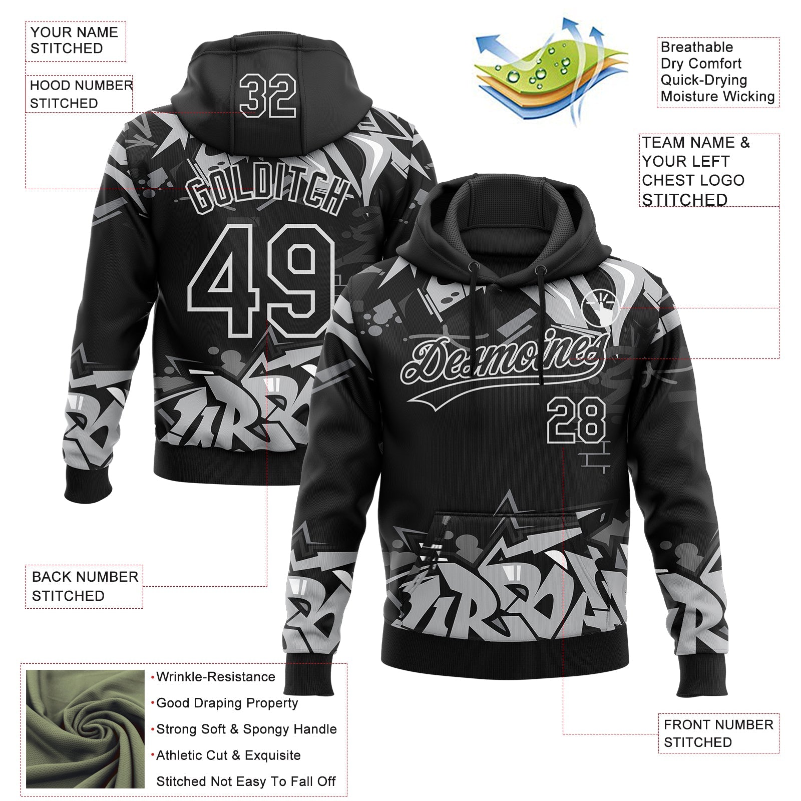 Custom Stitched Black Gray-White 3D Graffiti Splash Street Art Sports Pullover Sweatshirt Hoodie