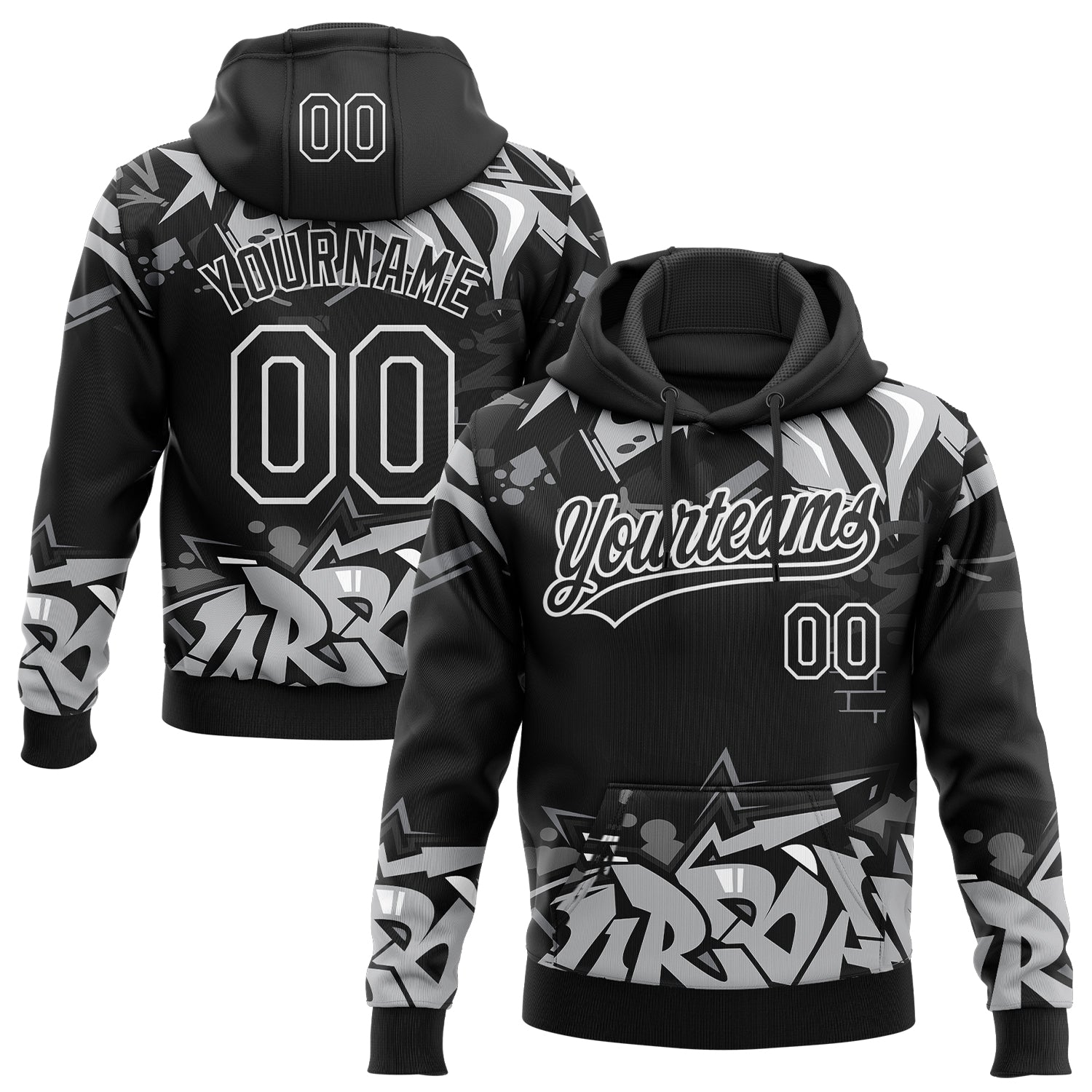 Custom Stitched Black Gray-White 3D Graffiti Splash Street Art Sports Pullover Sweatshirt Hoodie