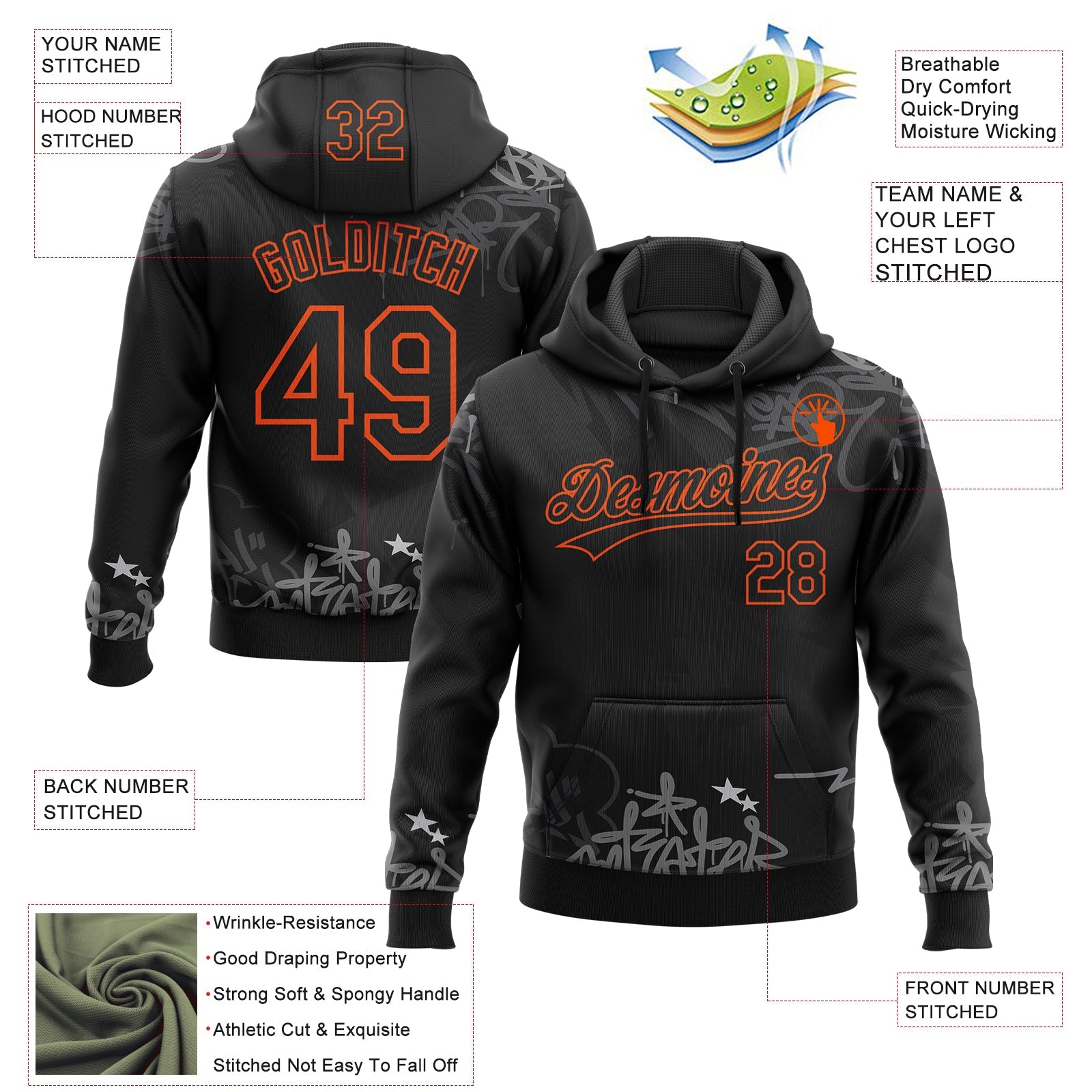 Custom Stitched Black Gray-Orange 3D Graffiti Splash Street Art Sports Pullover Sweatshirt Hoodie