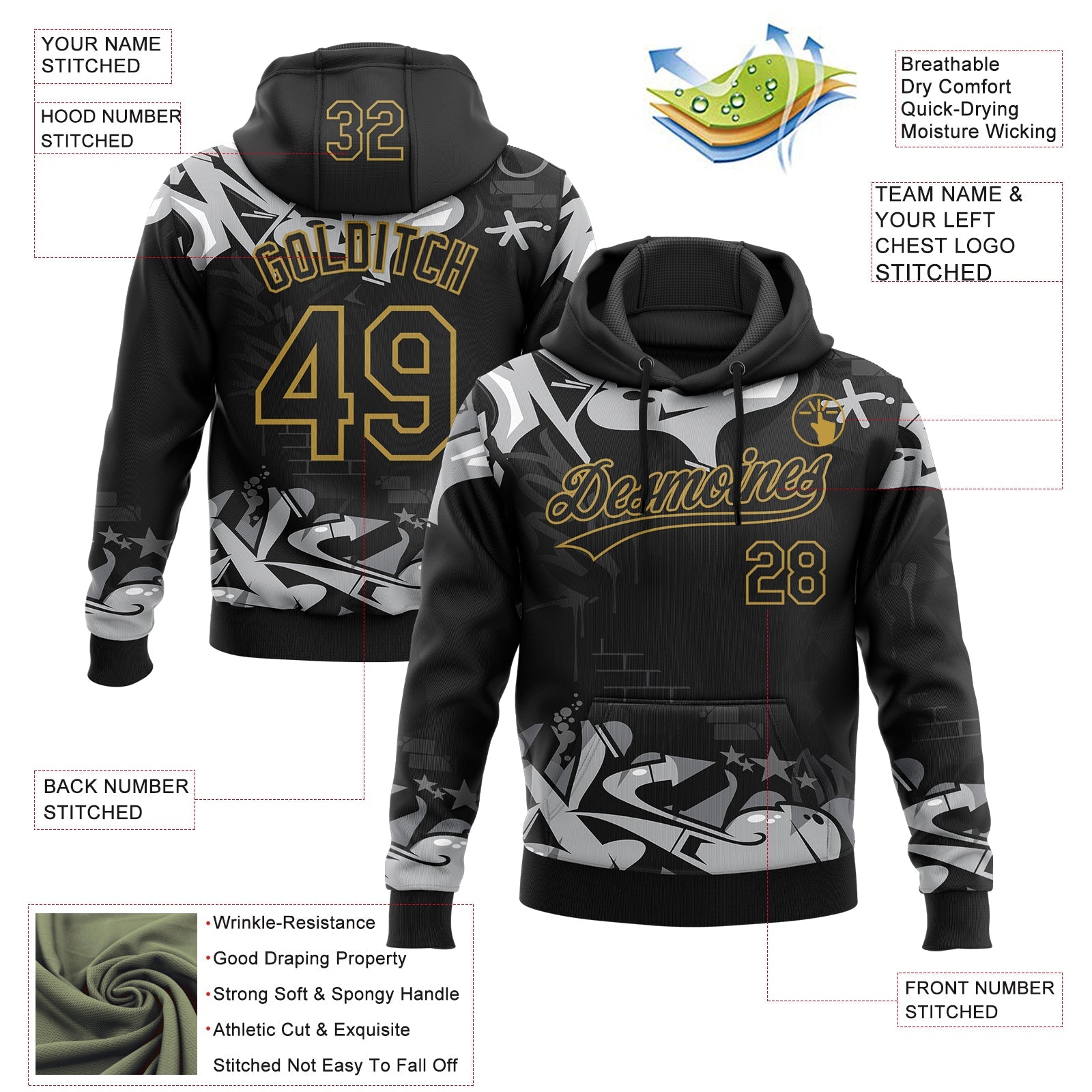 Custom Stitched Black Gray Old Gold-White 3D Graffiti Splash Street Art Sports Pullover Sweatshirt Hoodie