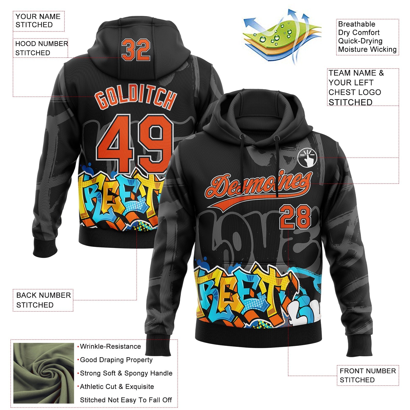 Custom Stitched Black Orange Gray-White 3D Graffiti Splash Street Art Sports Pullover Sweatshirt Hoodie