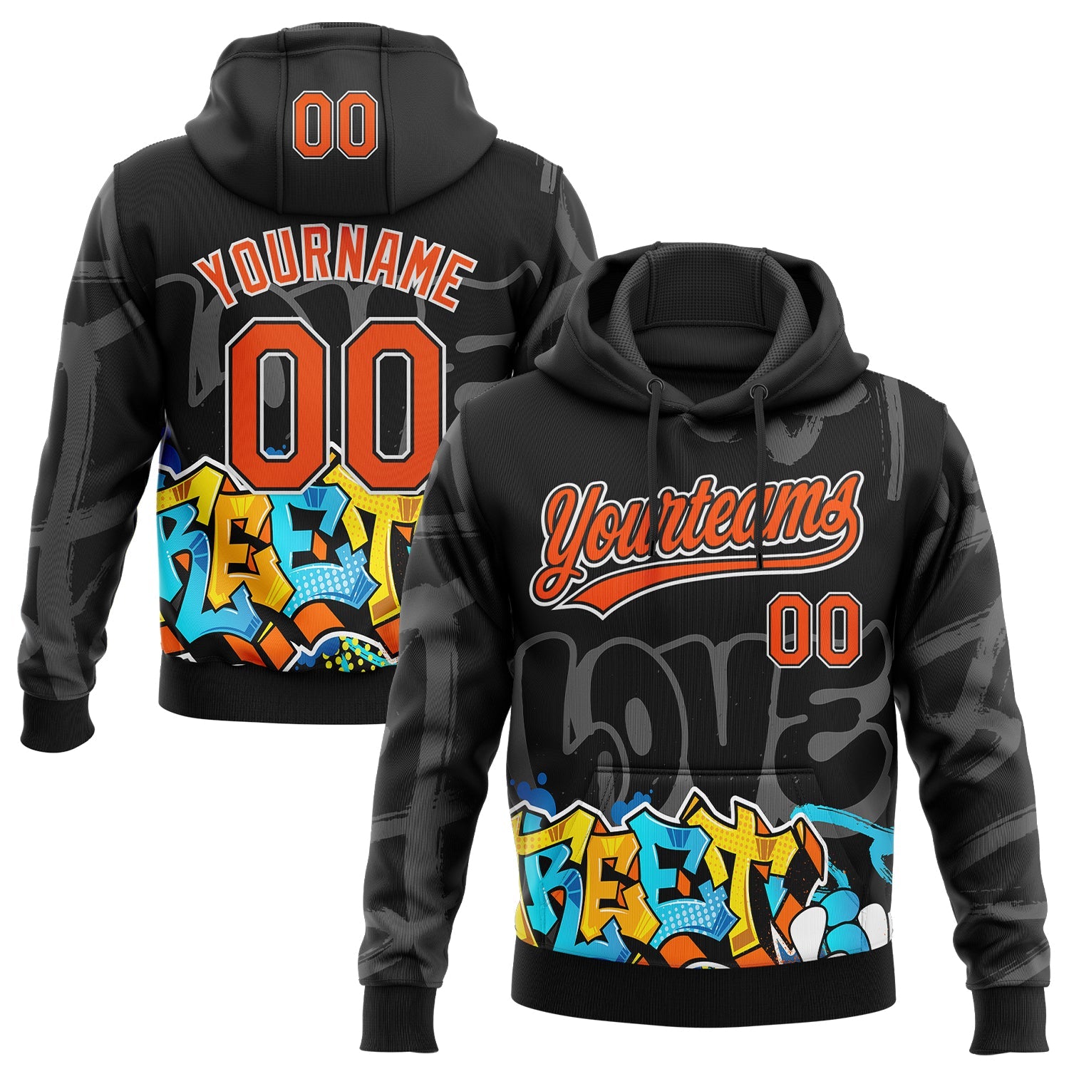 Custom Stitched Black Orange Gray-White 3D Graffiti Splash Street Art Sports Pullover Sweatshirt Hoodie