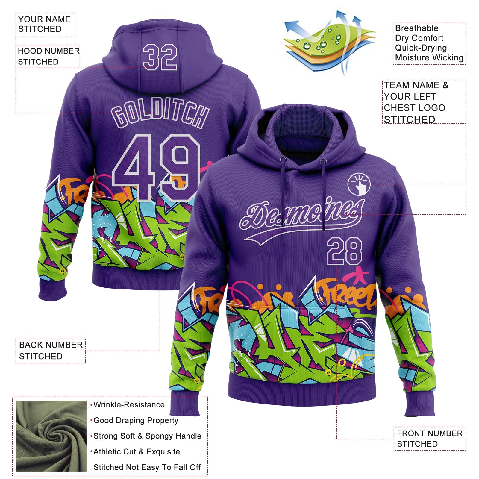 Custom Stitched Purple White 3D Graffiti Splash Street Art Sports Pullover Sweatshirt Hoodie