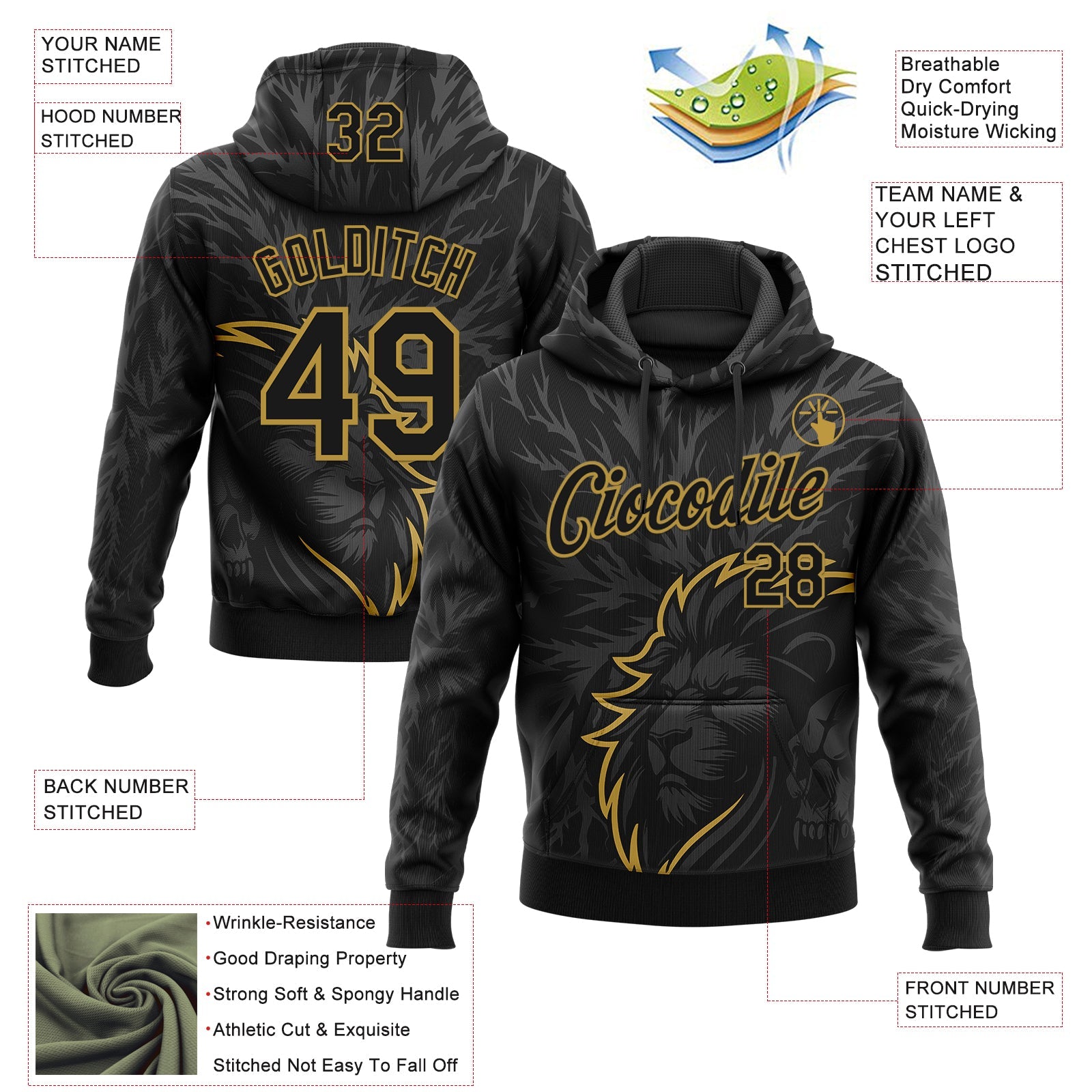 Custom Stitched Black Gray-Old Gold 3D Pattern Design Animal Lion Sports Pullover Sweatshirt Hoodie