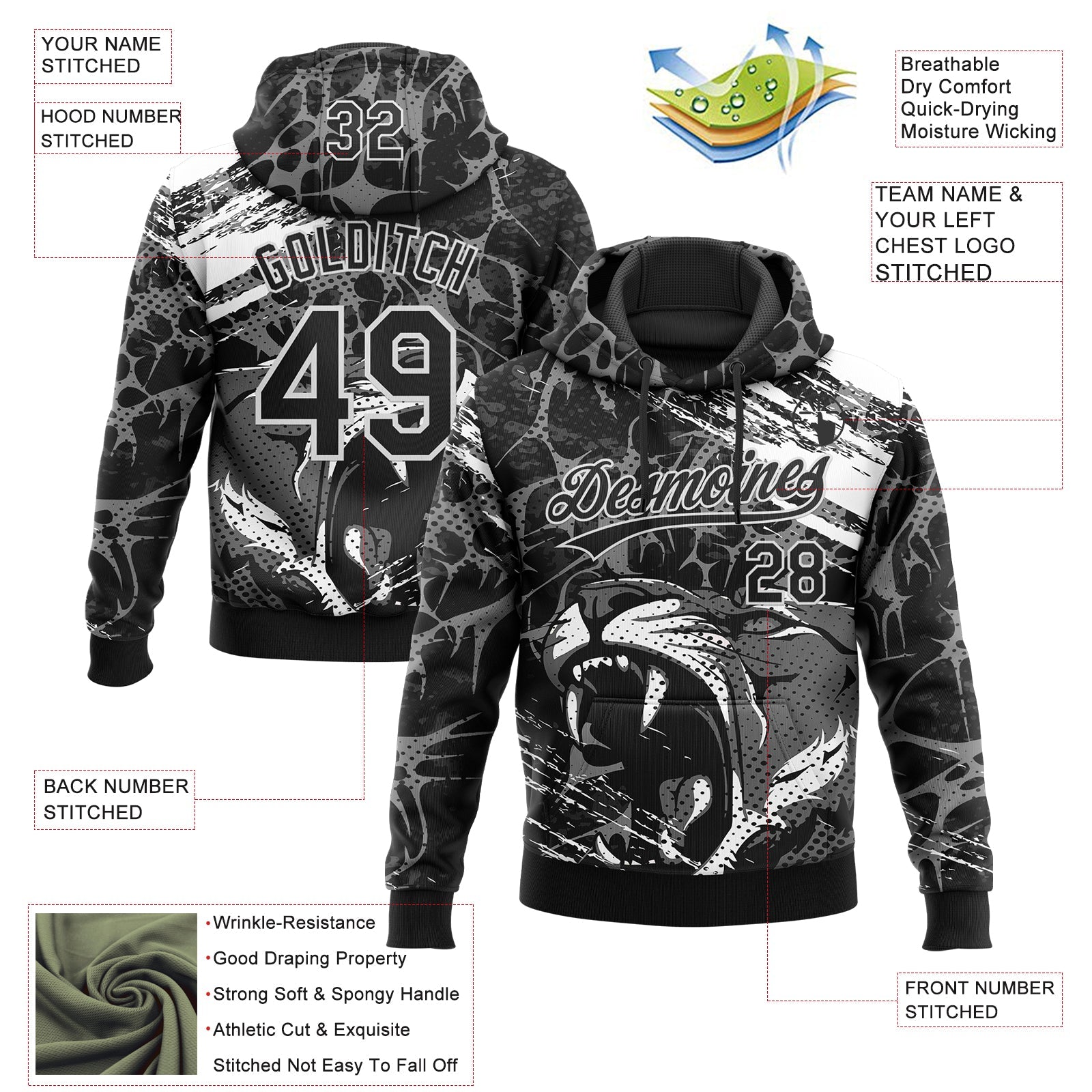 Custom Stitched Black Gray-White 3D Pattern Design Animal Tiger Sports Pullover Sweatshirt Hoodie